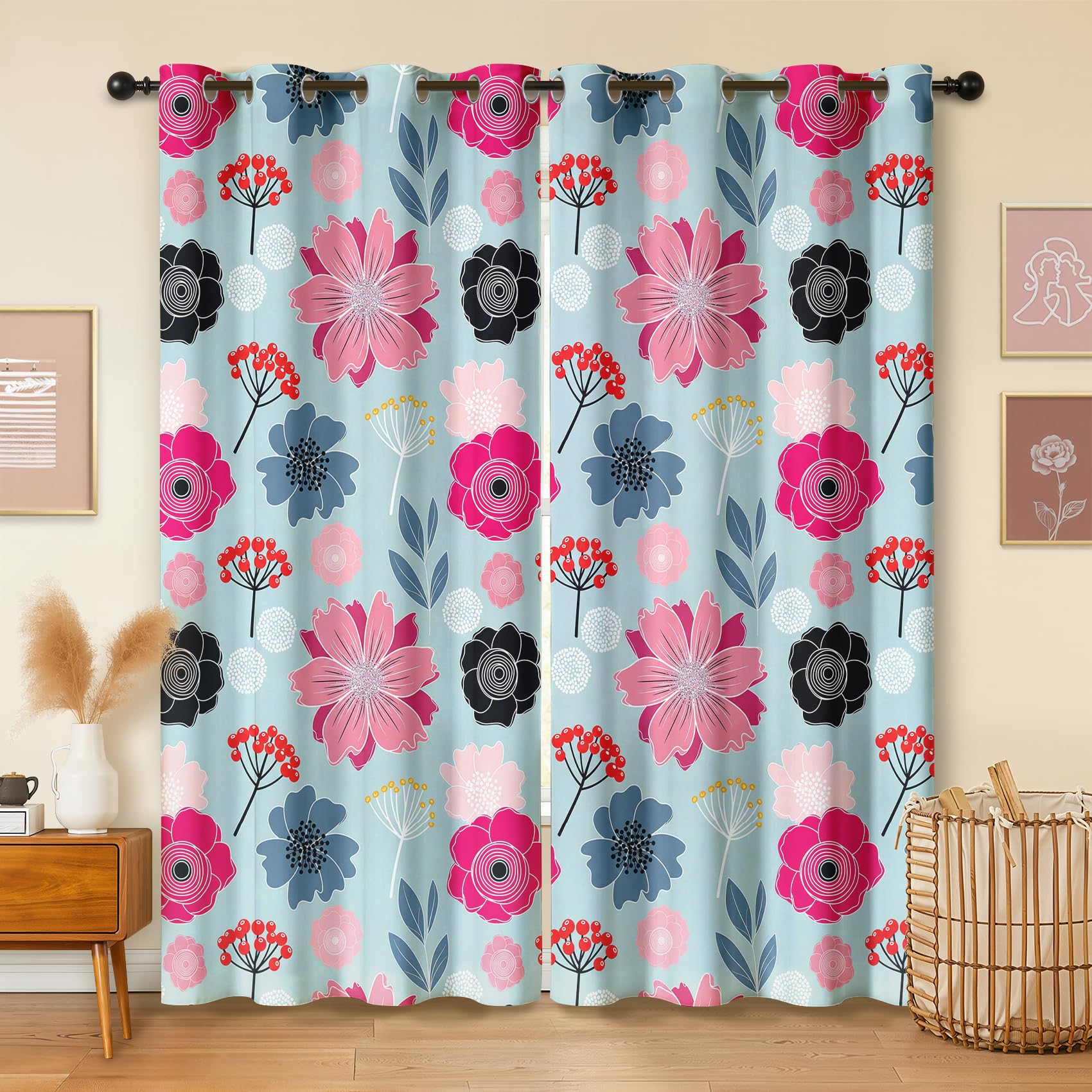 Havenix Pink and Light Blue Blackout Curtains for Bedroom Living Room, Eyelet Curtains 66x72, Thermal Insulated Drapes for Windows, Modern Scandi Floral Patterned Window Treatments, 2 Panels