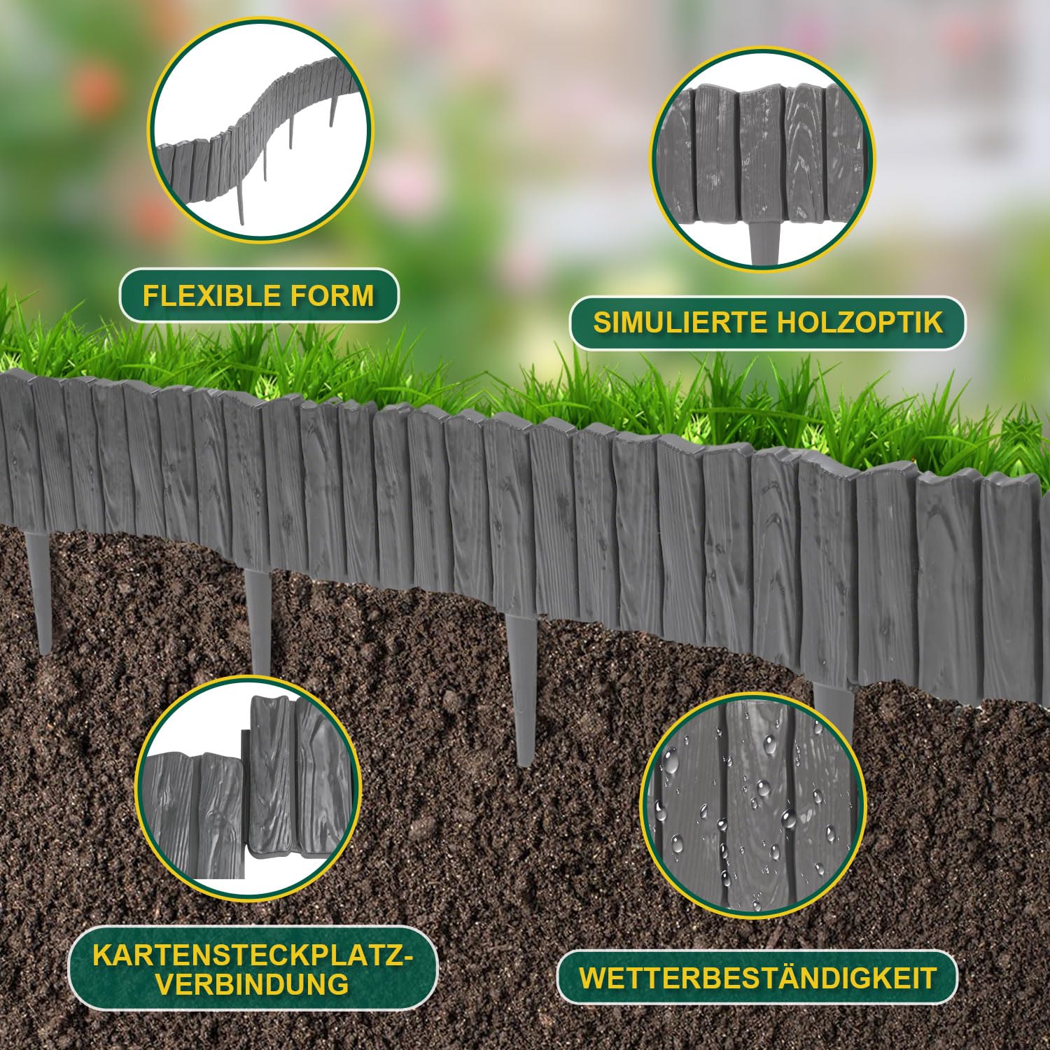 Kunststoff Rasenkante 15.96M Holz Optik Garden Border aus Polypropylen Anthrazit 28 Stück Palisade Beetumrandung Rasenkante Beeteinfassung 1 Element LxH: 57x21 cm