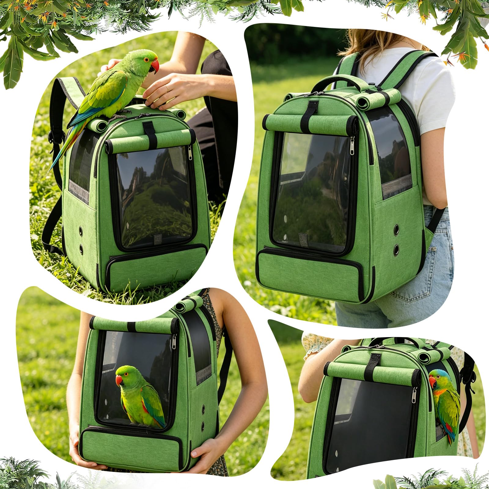 PETCUTE Bolsa de Transporte para Pájaros,Mochila para Pájaros con Percha y 2 Recipientes para Alimentos, Mochila Fácil de Limpiar para Loros, Bolsa de Viaje Portátil para Animales Pequeños,Verde