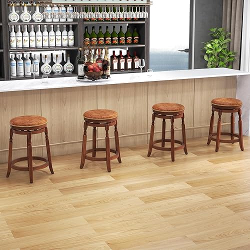Miniatura 2 de COSTWAY Juego de 4 taburetes de bar redondos giratorios de madera, sillas tapizadas de piel sintética sin espalda de 24 pulgadas con reposapiés,