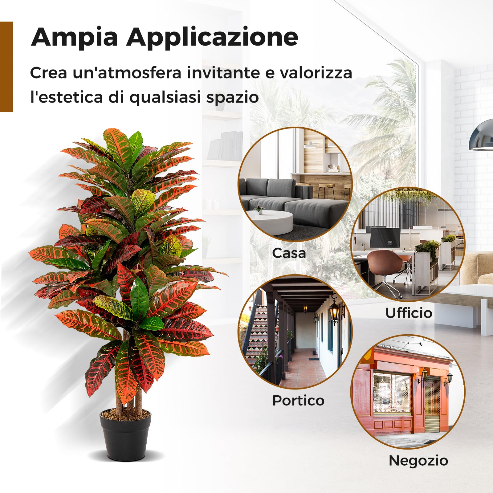 COSTWAY Pianta Artificiale di Croton 100 CM, Albero di Croton Finto con Foglie Variopinte, Tronco Naturale in Legno, Pianta Finta Realistica per Ufficio e Casa