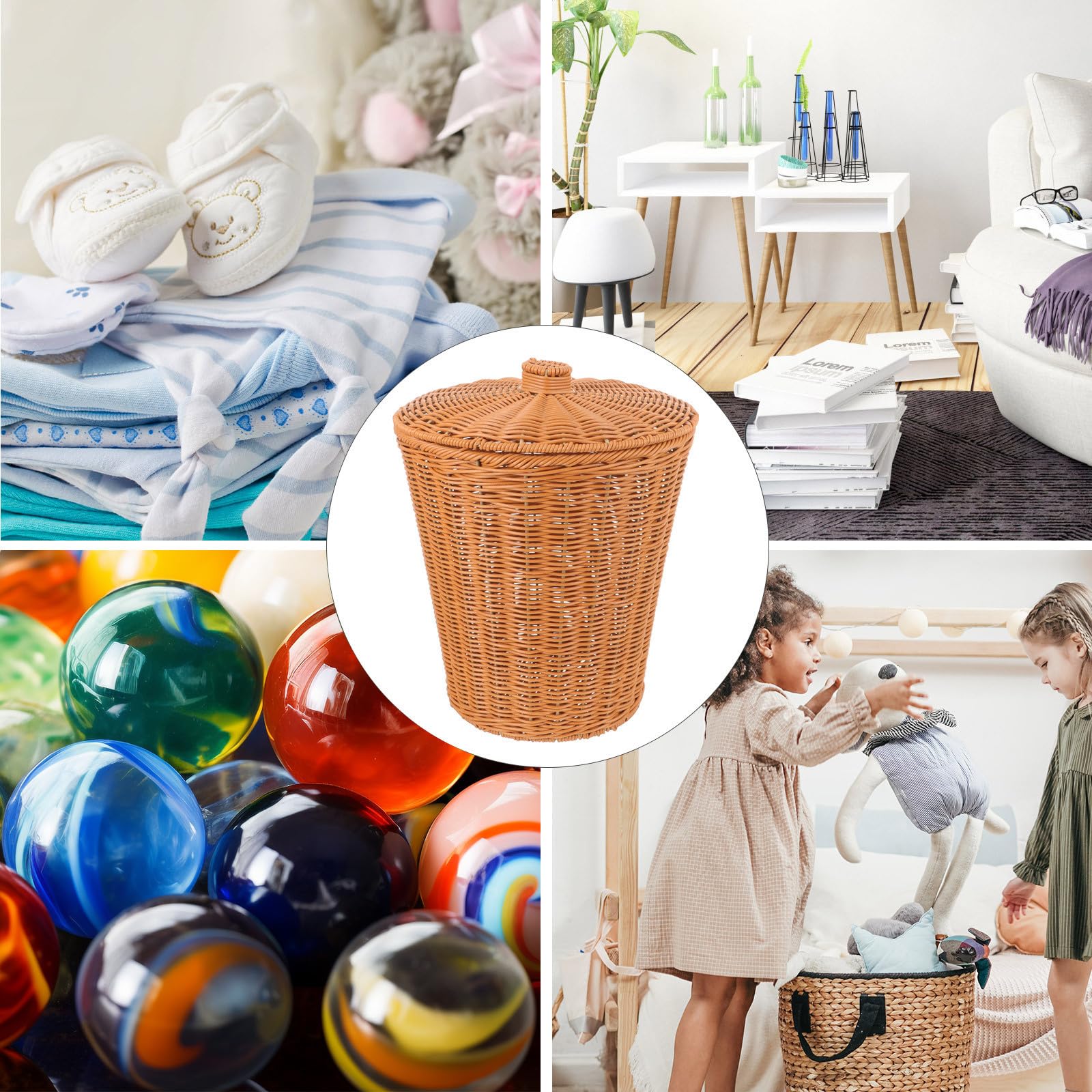 Cesto Rotondo Intrecciato in Plastico con Coperchio, Cestino Portaoggetti Multifunzionale Resistente alla Deformazione, per Decorazione e Lavanderia