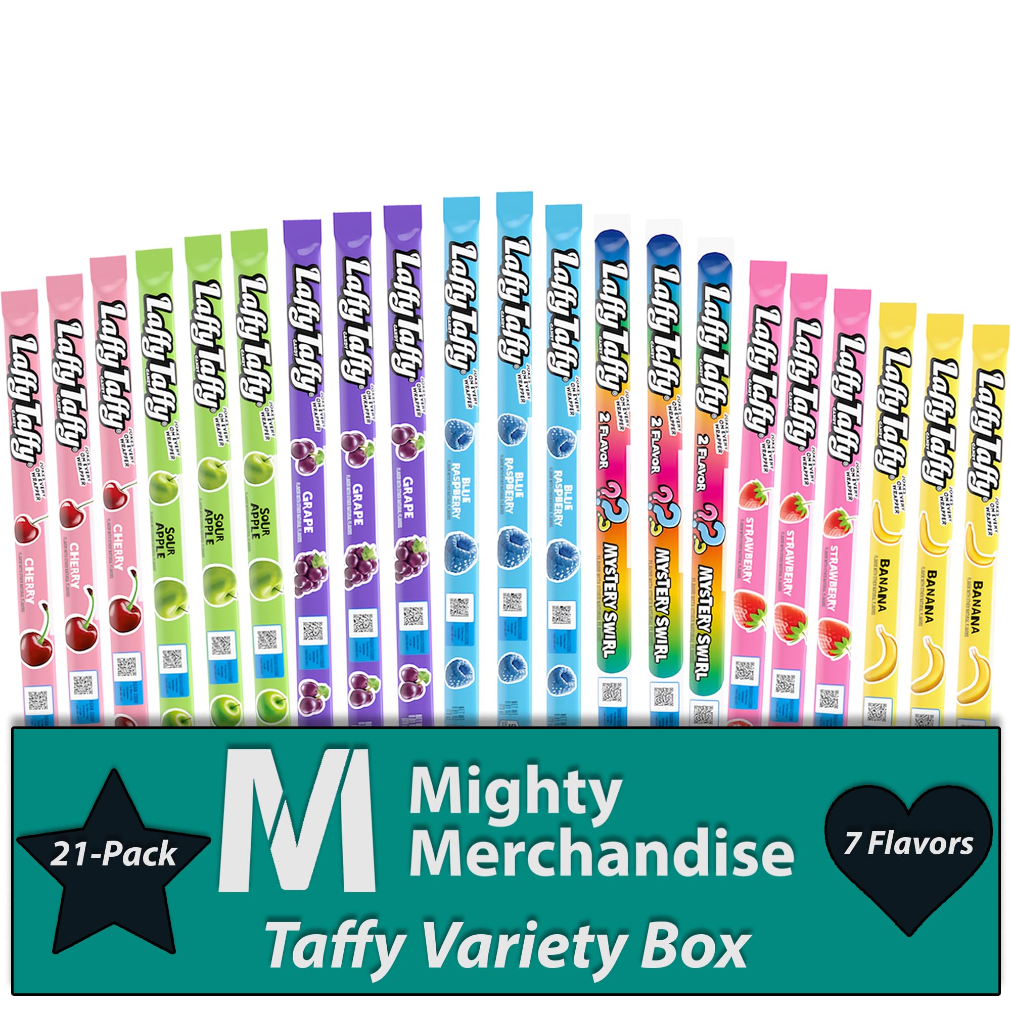 Laffy Taffy Ropes Variety Pack | 21 Pack (3 of each flavor) | 7 Flavors (Strawberry, Banana, Grape, Blue Raspberry, Mystery Swirl, Cherry, Sour Apple) | Mighty Merchandise Candy Gift
