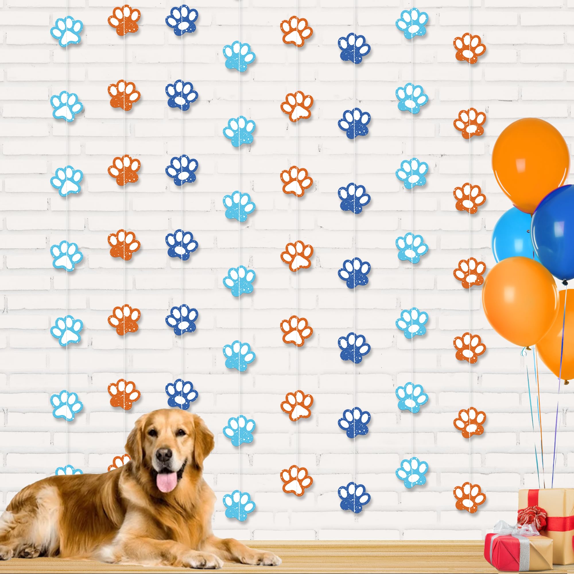 KatchOn Dog Banner Garland Decorations - Large 6.5 Feet, 8 Strings | Puppy Party Decor | Blue and Orange Dog Birthday Party Decorations