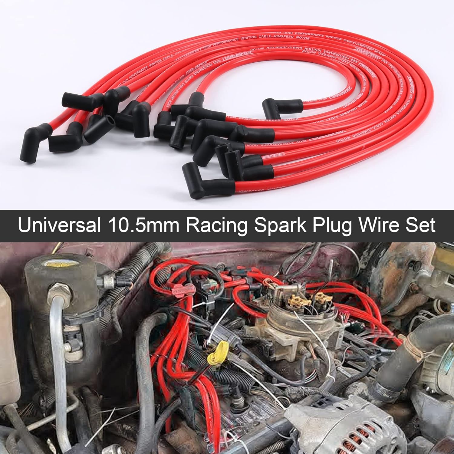 10.5mm Spark Plug Wire Set with Engine Spark Plug Wire Separator Divider 8mm 9mm 10mm Red 12pcs Replacement for 8 Cylinder Vehicles Racing Car