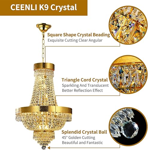 Miniatura 3 de CEENLI 12 luces de 20 pulgadas, modernas lámparas de araña de cristal dorado, techo K9, colgante empotrado, lámpara de techo ajustable colgante para