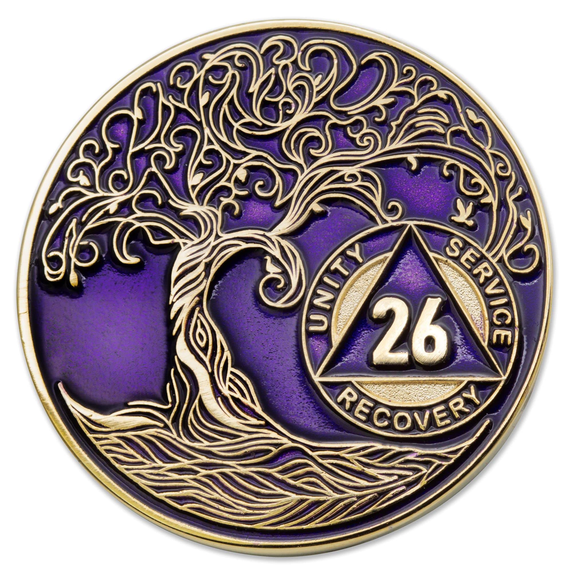 1 to 50 Year Twisted Tree of Life Sobriety Coin - Gold Plated AA Chips &amp; Medallions - 26 Year Sobriety Coin - Purple