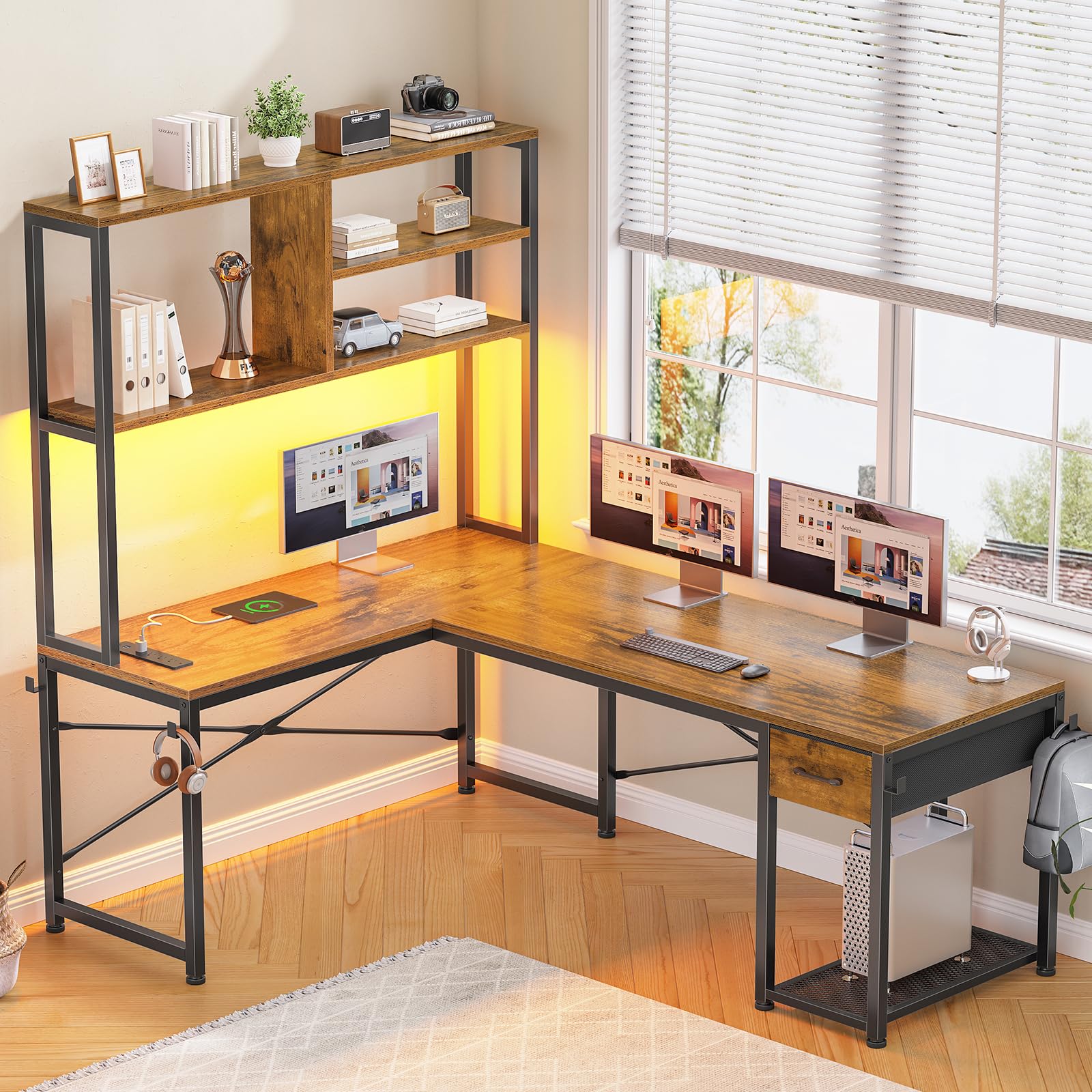 SEDETA L Shaped Gaming Desk, 51.2" Reversible Small Corner Desk with Drawer, Power Outlet & LED Lights, Computer Desk with Storage Shelves for Small