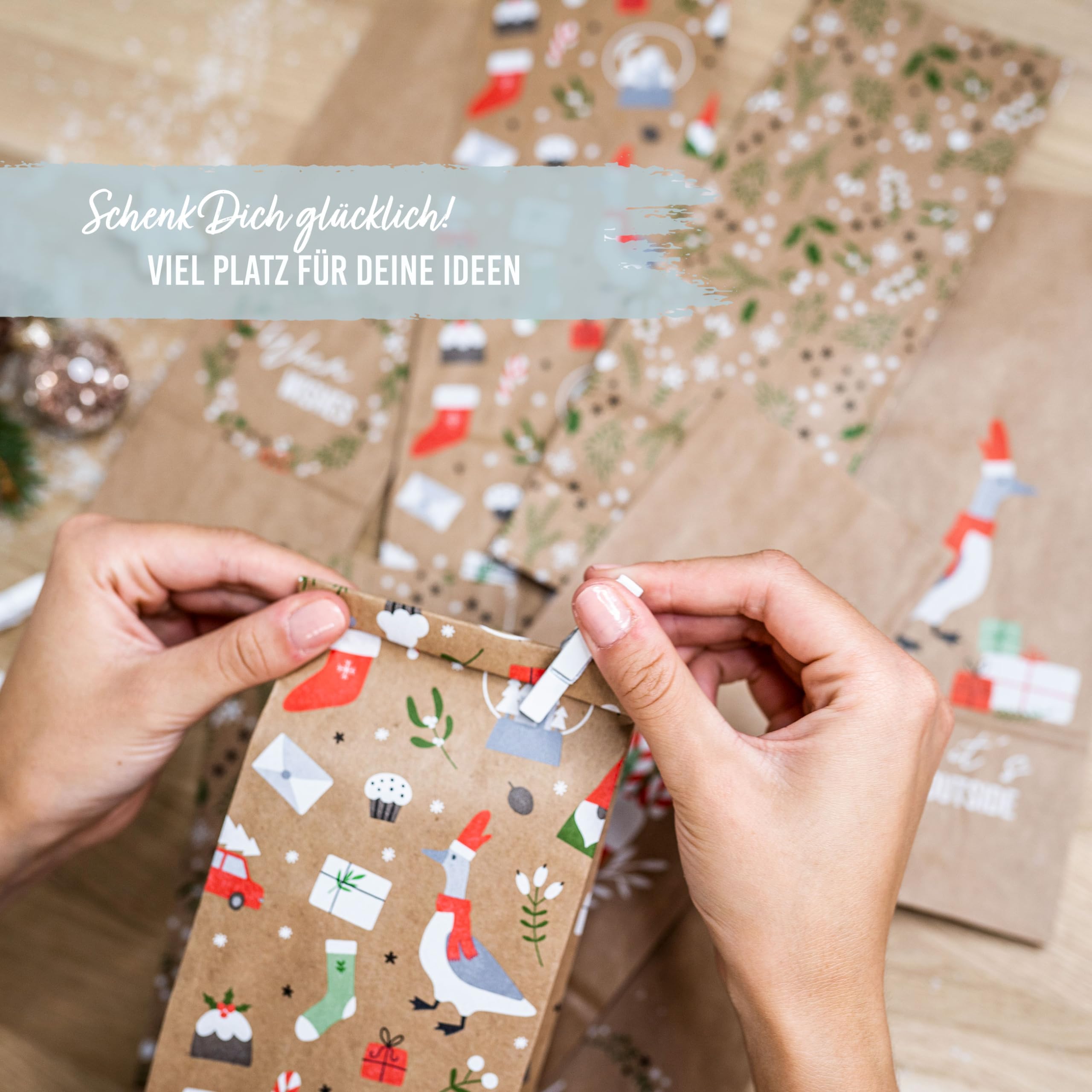 Papierdrachen Advent Calendar to Fill - 24 Brown Printed Gift Bags and 24 Stickers with Numbers and Paper Clips - Christmas Design - Image 2