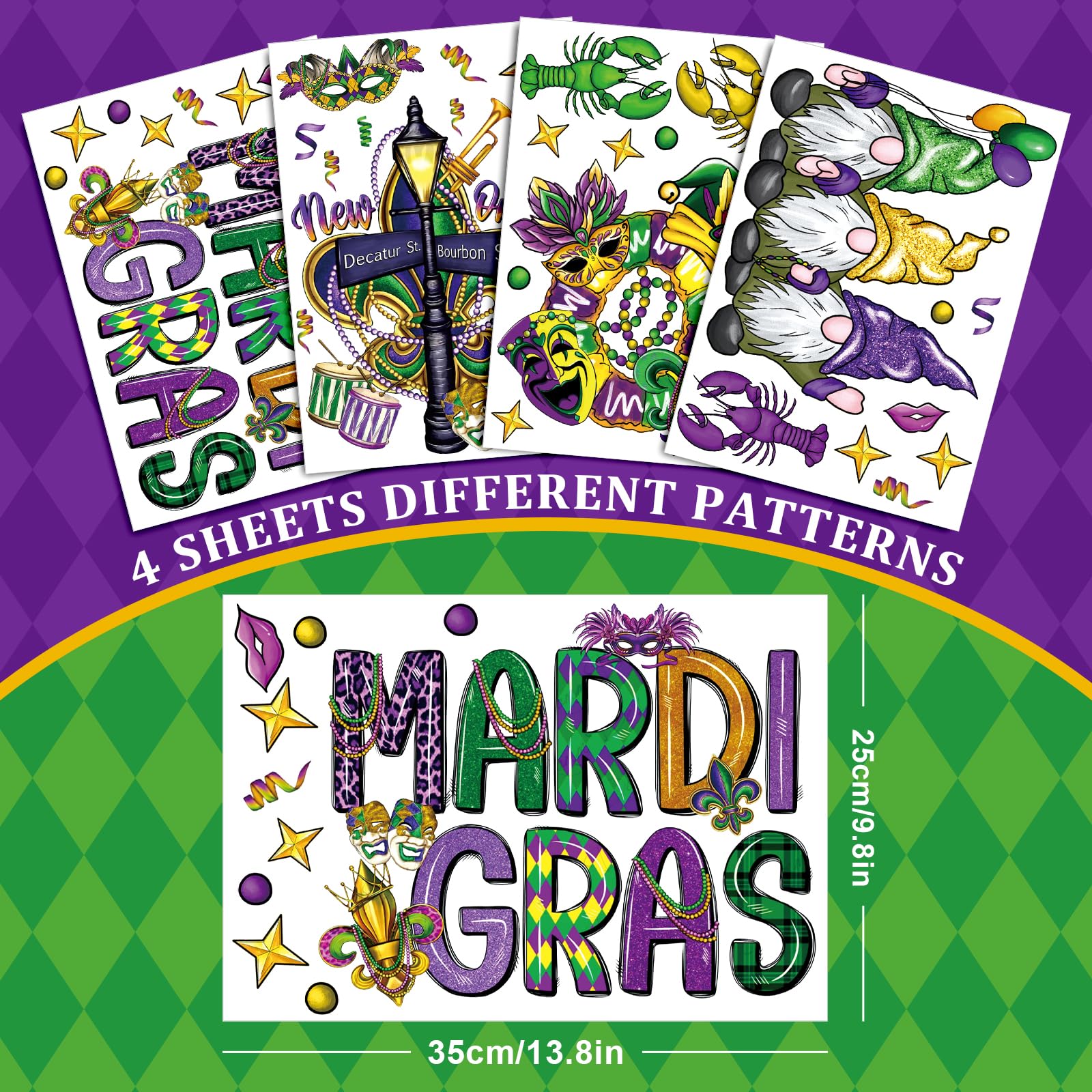 JarThenaAMCS Mardi Gras Window Clings 4 Sheet Purple Mask Gnome Crawfish Window Sticker Watercolor Reusable Static Window Decal Decorations for Wall Glass Car Carnival Masquerade Party Decor Supplies