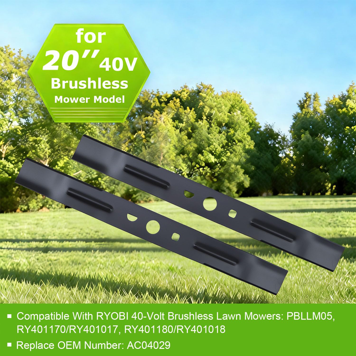 Lama per tosaerba AC04029 da 50,8 cm, ricambio per tosaerba Ryobi RY401018 RY401170 RY401017 RY401180 50 cm 40 V brushless, mezza luna e foro quadrato arrotondato, lama in acciaio a basso