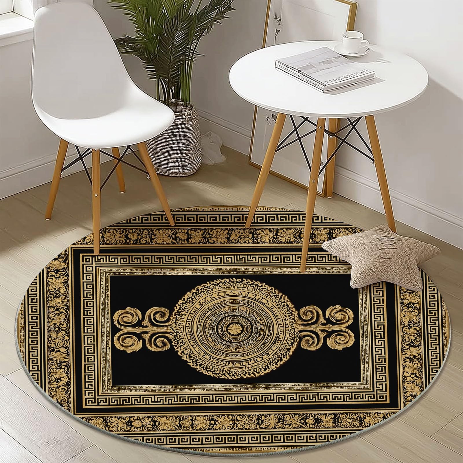 Round Rugs 90 cm for Living Room, Traditional Luxury Greek Key Pattern Theme Machine Washable Non Slip Area Rugs for Bedroom Kids Room Decor, Soft Short Pile Circle Carpet, Black Gold