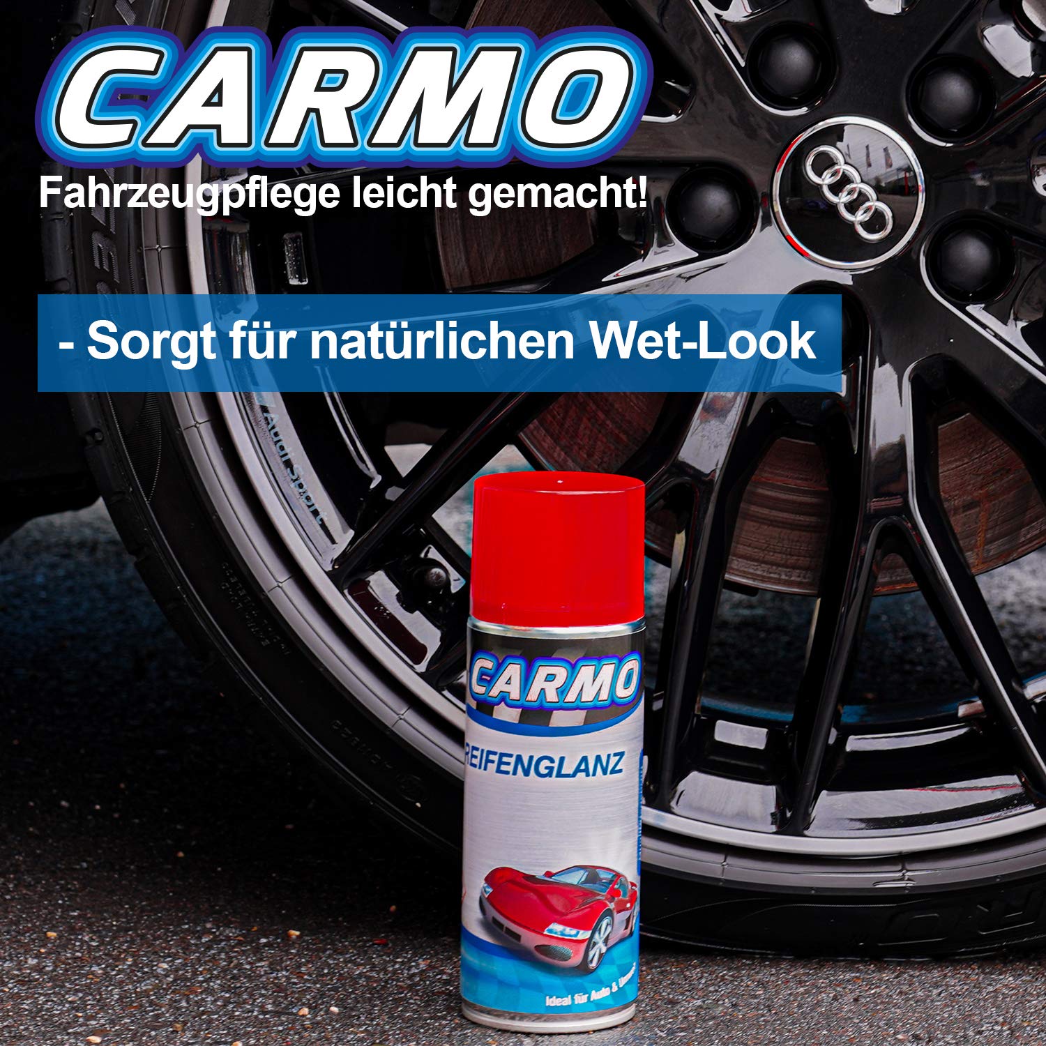 CARMO 3X Reifenglanz | mit Langzeitwirkung | Für neuwertigen Glanz | Wet-Look – tiefschwarz ohne fettige Oberfläche | Schützt vor Umwelteinflüssen | UV-Schutz | Pflege von Gummidichtungen | 400ml