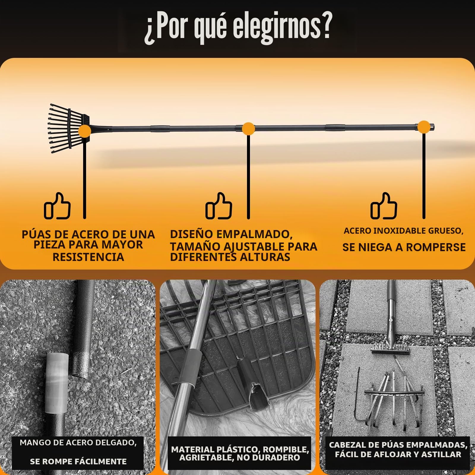 Rastrillo de Jardin pequeño con Mango Ajustable de 160 cm, rastrillo de Mano de Metal Resistente de 11 púas rastrillo de Hojas de jardín para Recoger Hojas, arbustos, matas