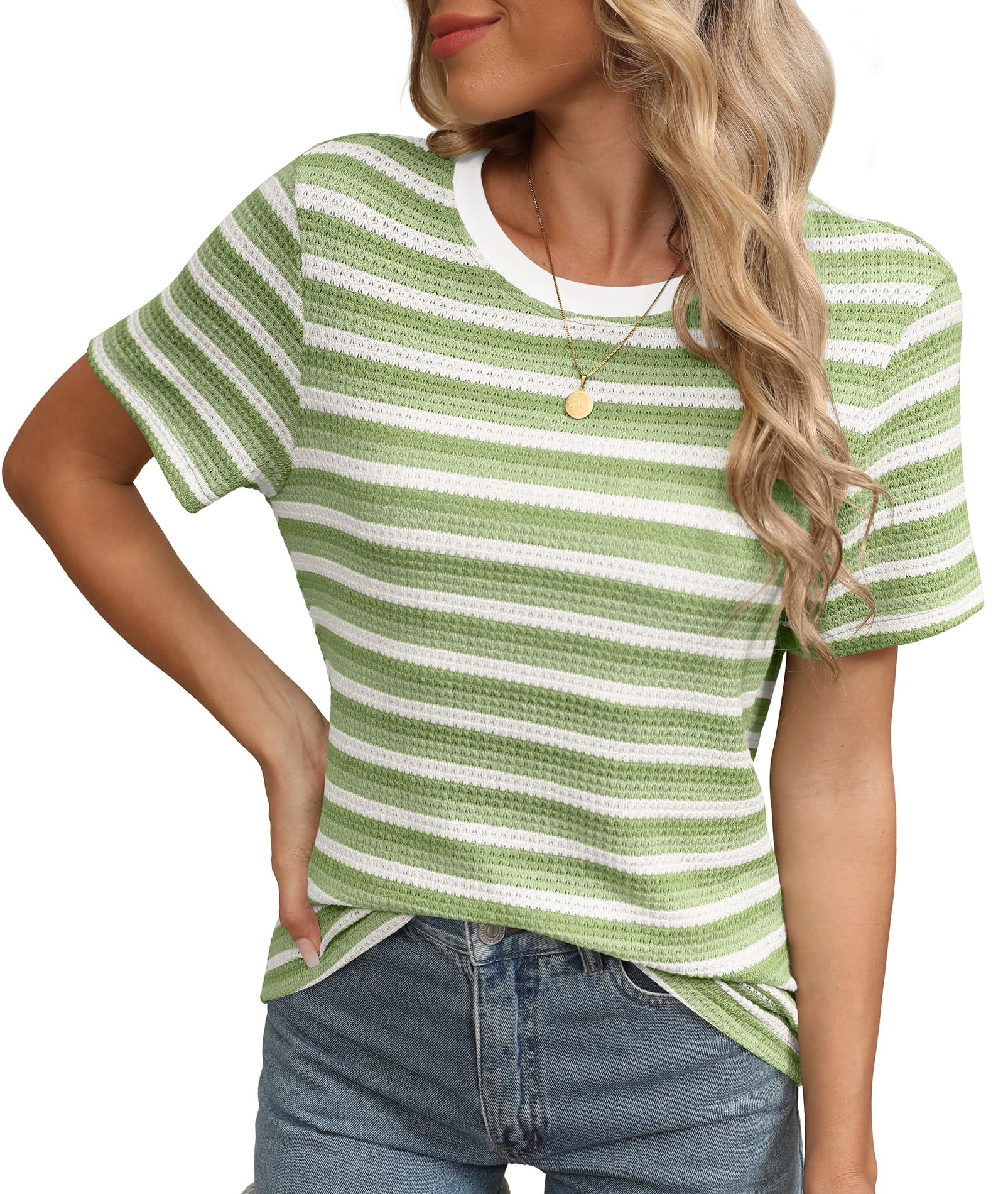 LILBETTER Summer T Shirts for Women Casual Striped Crewneck Basic Tops Short Sleeve Waffle Knit Hollow Out Shirt Blouses