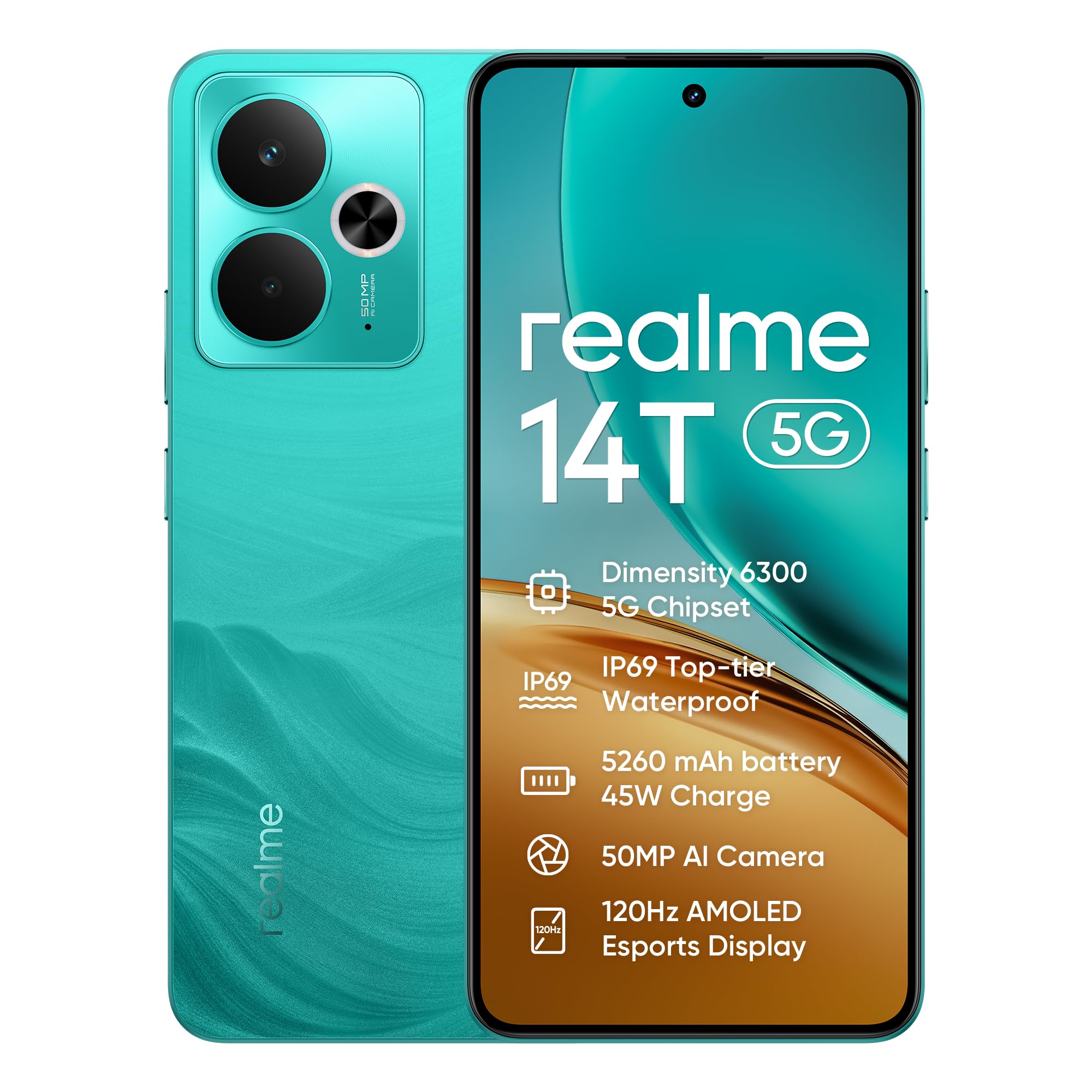 Smartphone realme 14T 5g, 8+256GB,batteria 5260 mAh,Processore Dimensity 6300, IP69, display 120Hz,Fotocamera AI da 50MP, Surf Green, esclusiva Amazon(Nessun adattatore)
