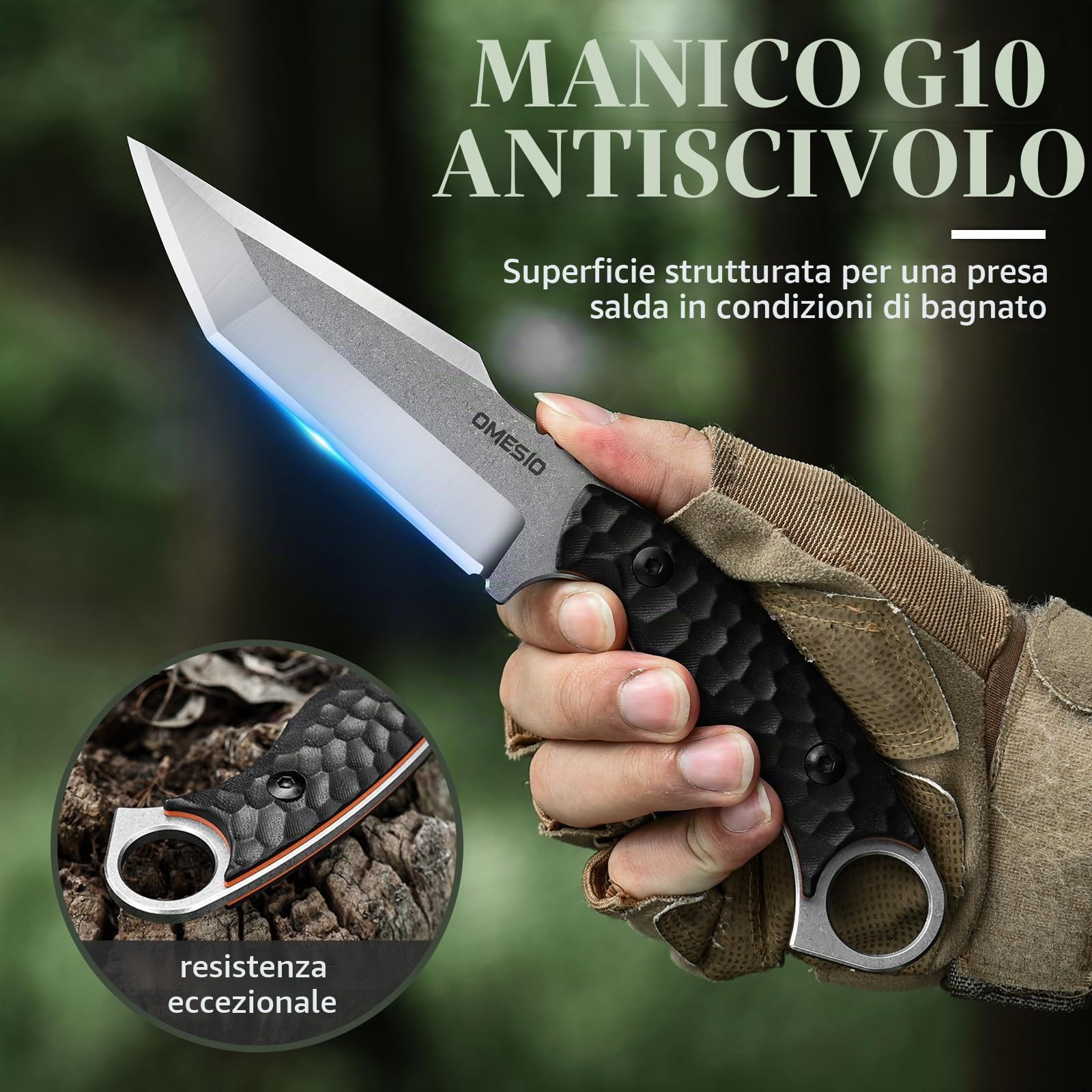 Omesio M-YL21 Tanto 420 Full Tang 6 cm G10 con Fodero Kydex | Compatto con acciarino incluso e impugnatura G10, ideale per EDC, campeggio e attività outdoor.
