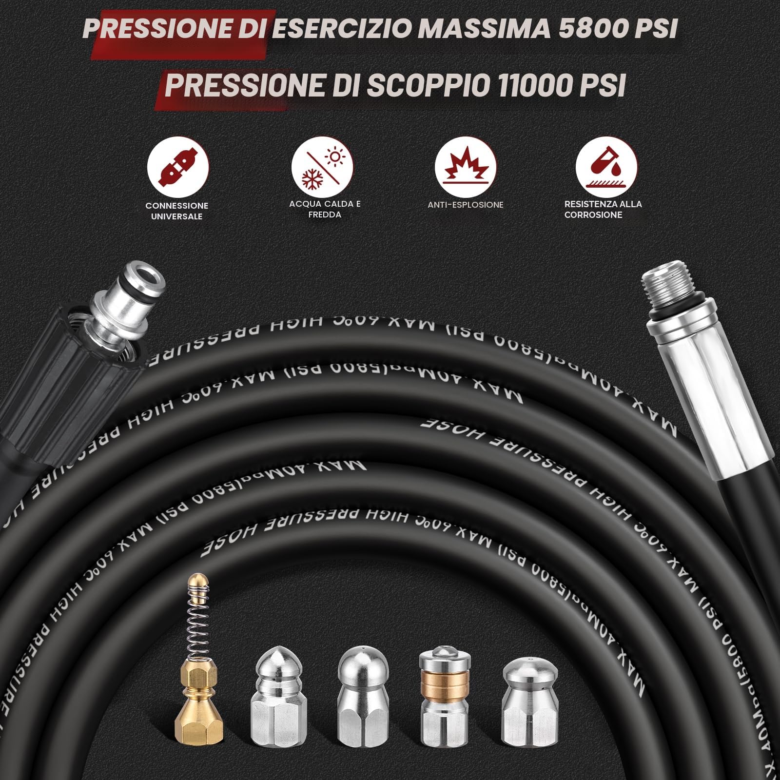 30 m Sonda Sturatubi per Idropulitrice - 400 Bar/5800 PSI, 5 Ugelli e 1 Adattatore Karcher, Compatibile con Karcher K2 K3 K4 K5 K6 K7 - Pulizia Facile dei Tubi