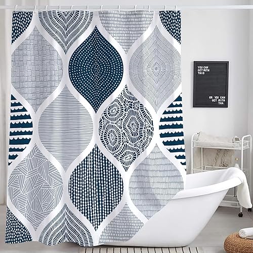 Blue and Grey Shower Curtain for Bathroom, Light Blue White Dark Gray Navy Bohemian Chic Geometric Pattern Fabric Shower Curtains Set, Modern Paisley Restroom Decor Accessories with Hooks 72X72Inches