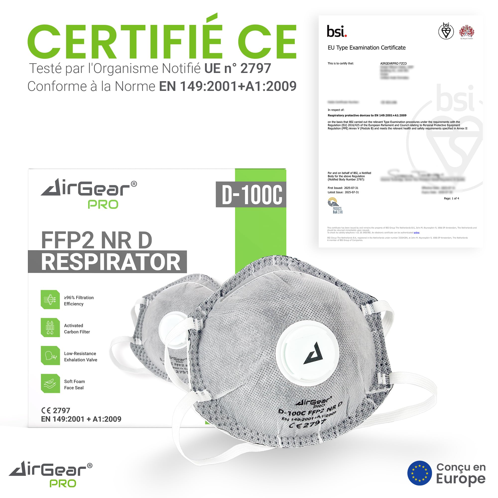 AirGearPro Masque FFP2 avec Valve (Lot de 20) – Masque Anti-Poussière – Protection Respiratoire pour Travaux, Chantier, Bricolage & Produits Chimiques