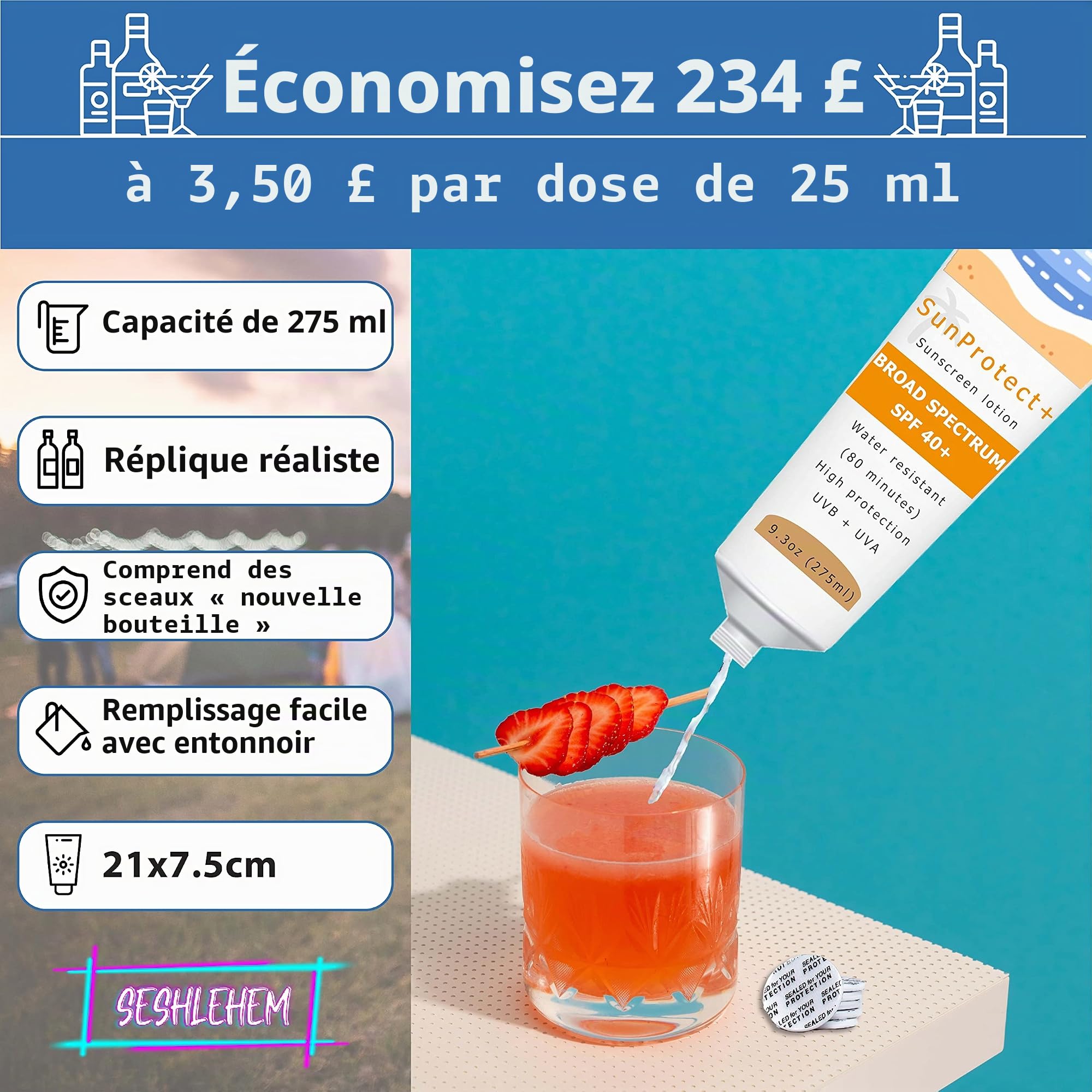 Lot de 8 flacons jumbo, 1675 ml, réutilisables, anti-fuite, pack de glace, parapluie, crème solaire, désinfectant, argent, marque britannique