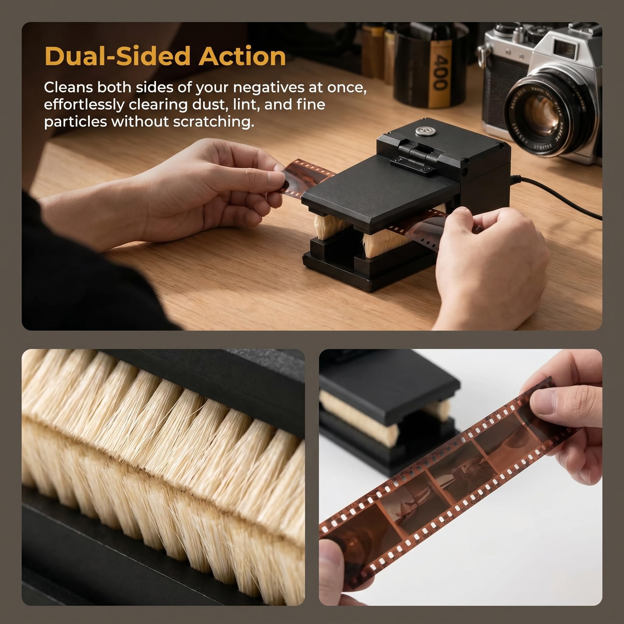 Cepillo de limpieza negativo, removedor de polvo de película eléctrica para películas de 35 mm y 120, negro y blanco y negativos de color, película de diapositivas, película de movimiento