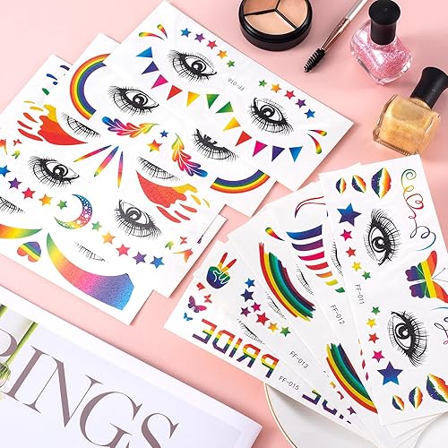 Miniatura 7 de 20 hojas (340 piezas) tatuaje temporal de cara de arco iris para maquillaje, impermeable, estrella, mariposa, corazón, bandera, tatuaje, ojos,