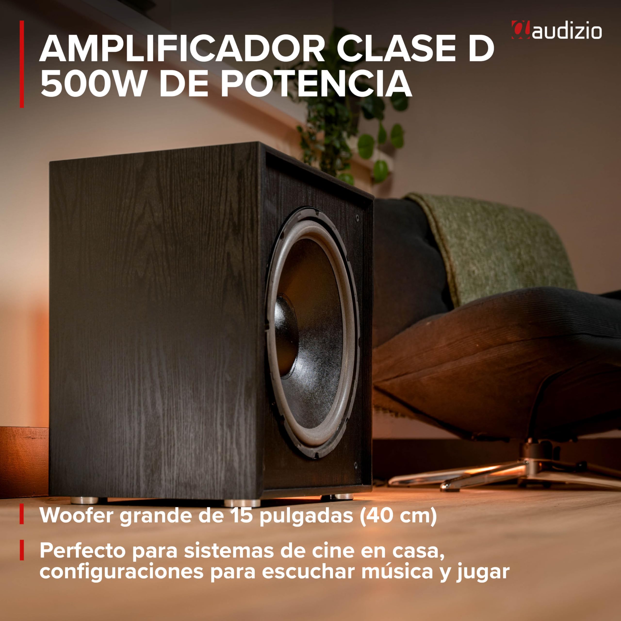 Audizio SHFS15B – Subwoofer Activo de 15 Pulgadas para Home Cinema con Amplificador Clase D, 500W, Graves Profundos, Crossover Ajustable, Bass Reflex conexión RCA y bornas, Color Negro