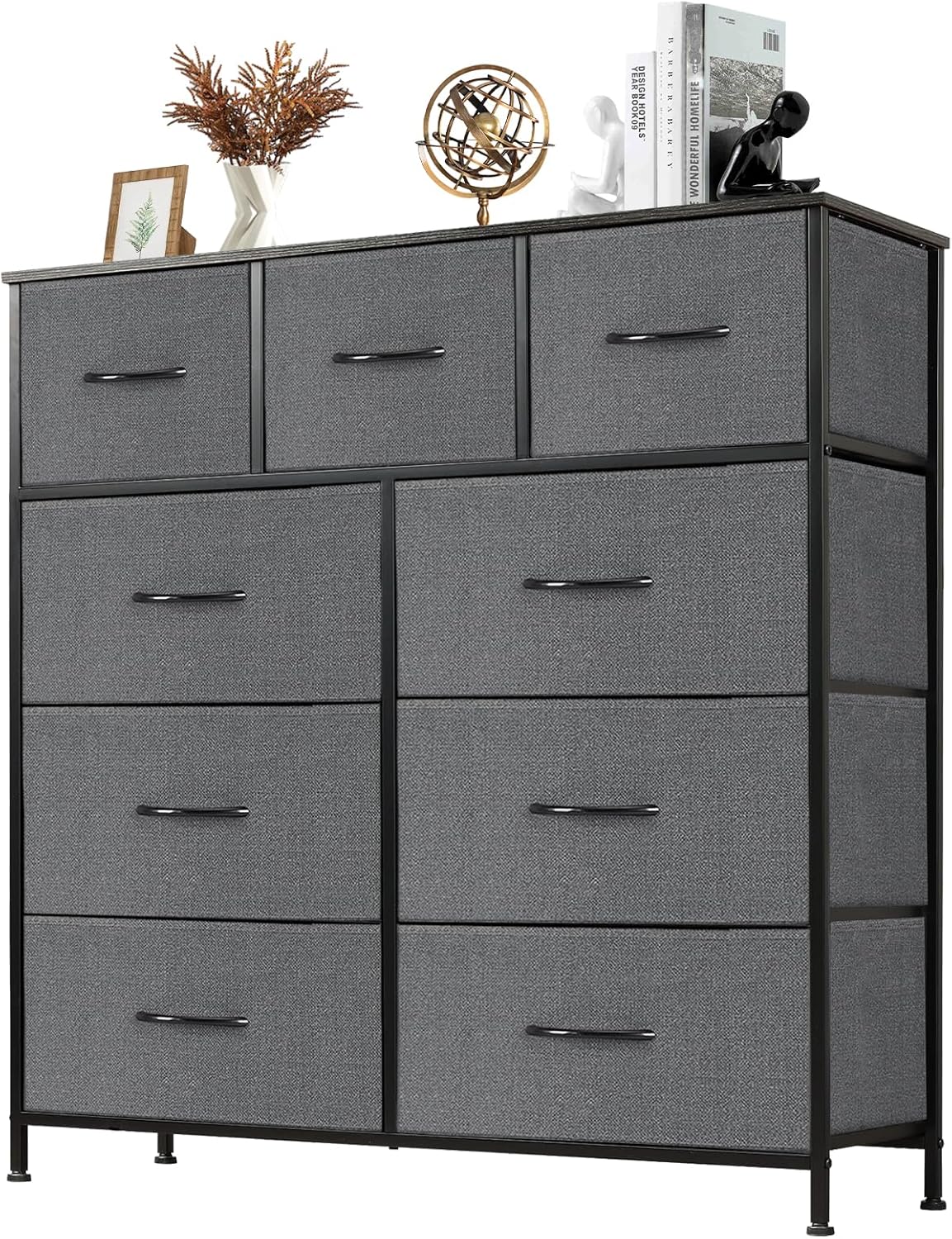 sweetcrispy dresser with 9 drawers for bedroom, fabric dresser storage tower, chest of drawers organizer unit, storage cabinet for hallway, closets, steel frame, wood top grey