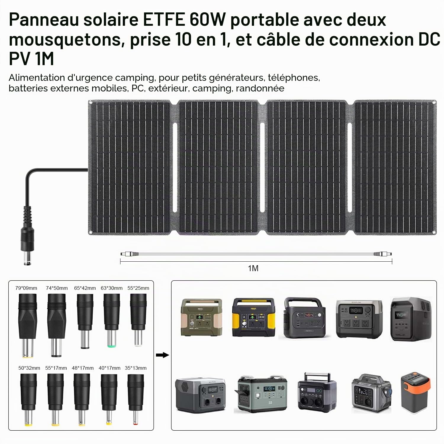 【Panneau Solaire Pliable 60W 18V】KWODE 60W Panneau Solaire Portable, ETFE IP67 Camping Chargeur Solaire Portable Puissant DC+USB3.0+Type-C Panneau PV pour Petit Générateur, Téléphone, Batterie Externe