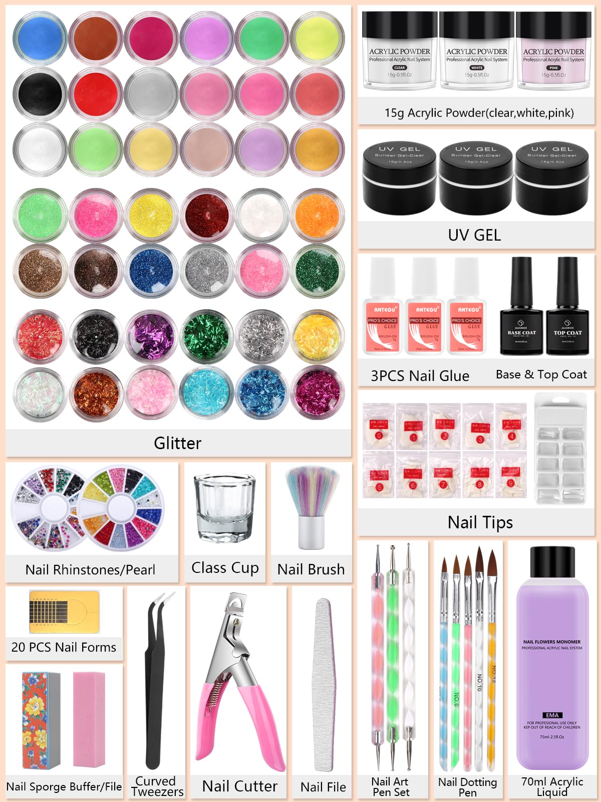 Deciniee Acrilico Per Unghie Kit, 42 Colori Polvere Acrilica Unghie con Monomero Liquido 3 Colori Rosa Bianco Trasparente, Professionale Kit Per Unghie Set Per Unghie in Acrilico Per Principianti
