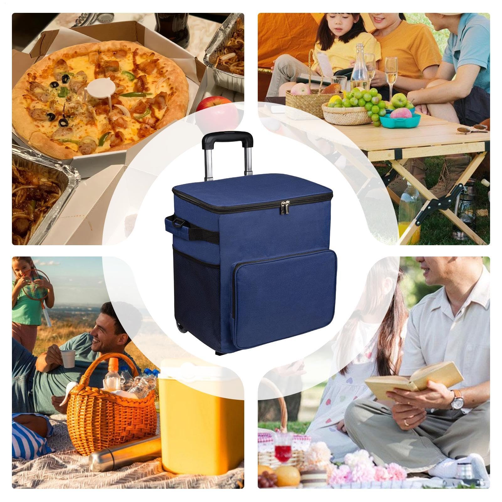 Borsa termica con ruote, 35 l, con ruote, con maniglia, a prova di perdite, per viaggi, picnic, spiaggia, campeggio, barbecue all'aperto, patio, viaggi su strada, trasporto alimentare natalizio
