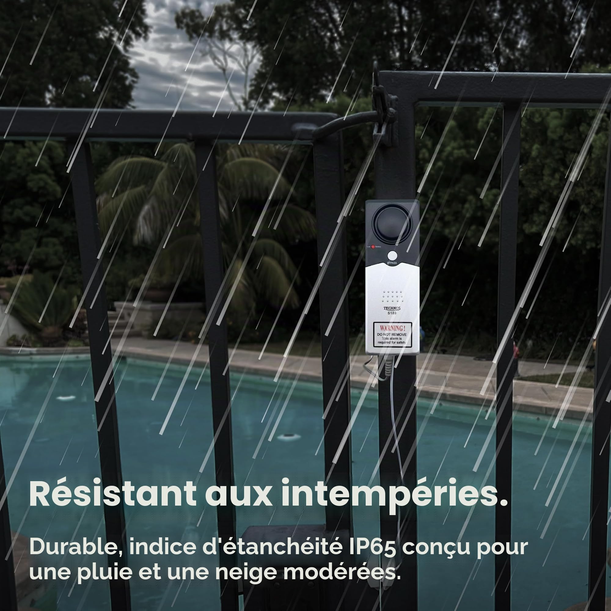 Techko S189 Alarme de piscine ultra fine et sûre pour enfants, conforme à la norme ETL UL 2017, résistante aux intempéries, alarme puissante de 110 dB avec 2 boutons de dérivation, gris, 1 pièce