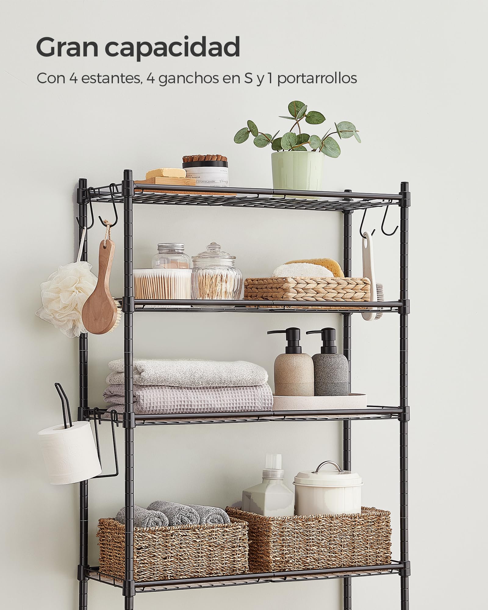 SONGMICS Estantería de Inodoro de 4 Estantes, Estante de Metal para el Baño, Estantes Ajustables, con 4 Ganchos y Portarrollos, Ahorra Espacio, 30 x 63 x 176 cm, Negro BTS013B01