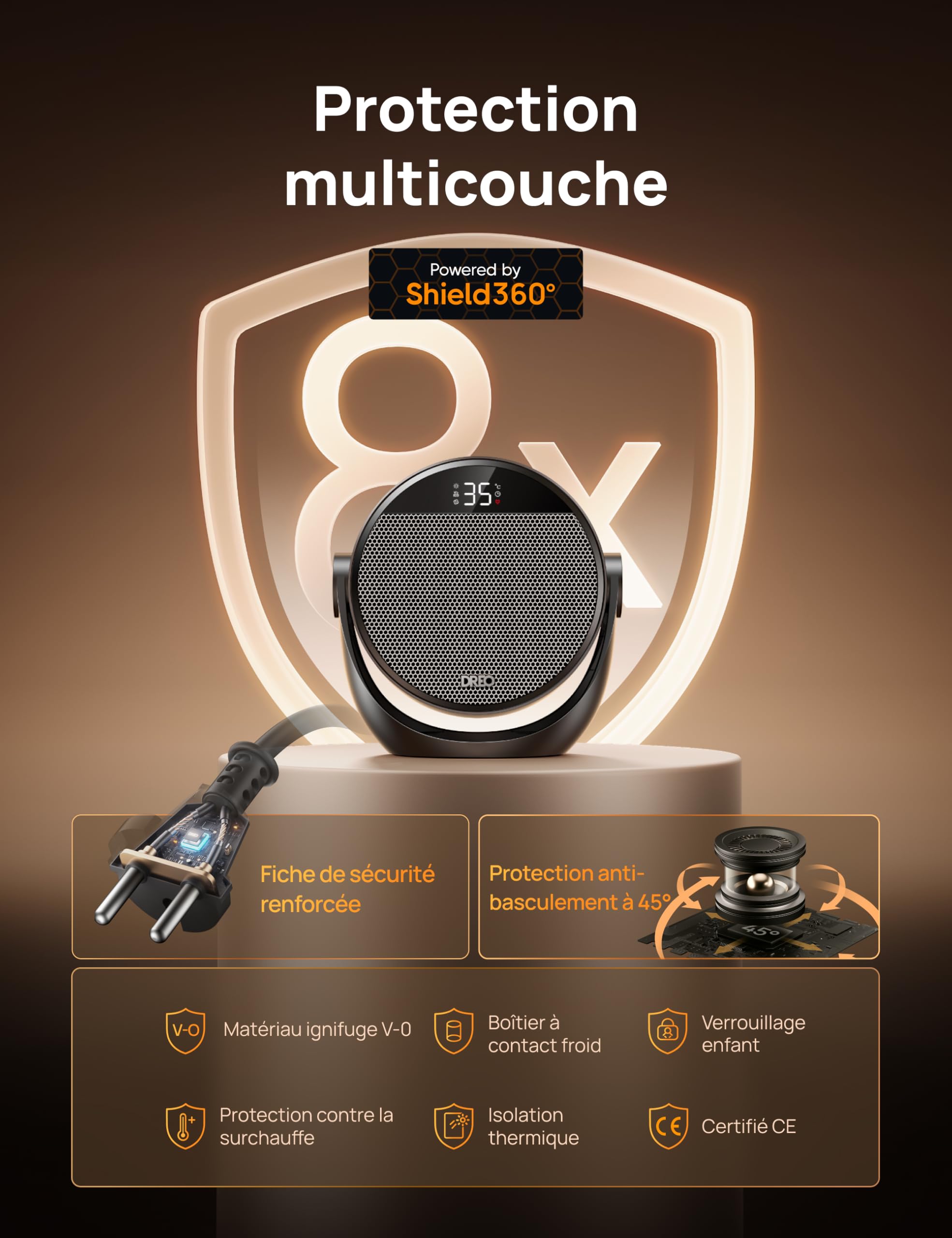 Dreo Chauffage Électrique Ventilateur Chambre, Chauffage Portable 3 Modes avec Thermostat et Télécommande, Inclinaison 60° Réglable, Minuterie 12H, 8 Protections, Silencieux pour Bureau et Pièce, Noir