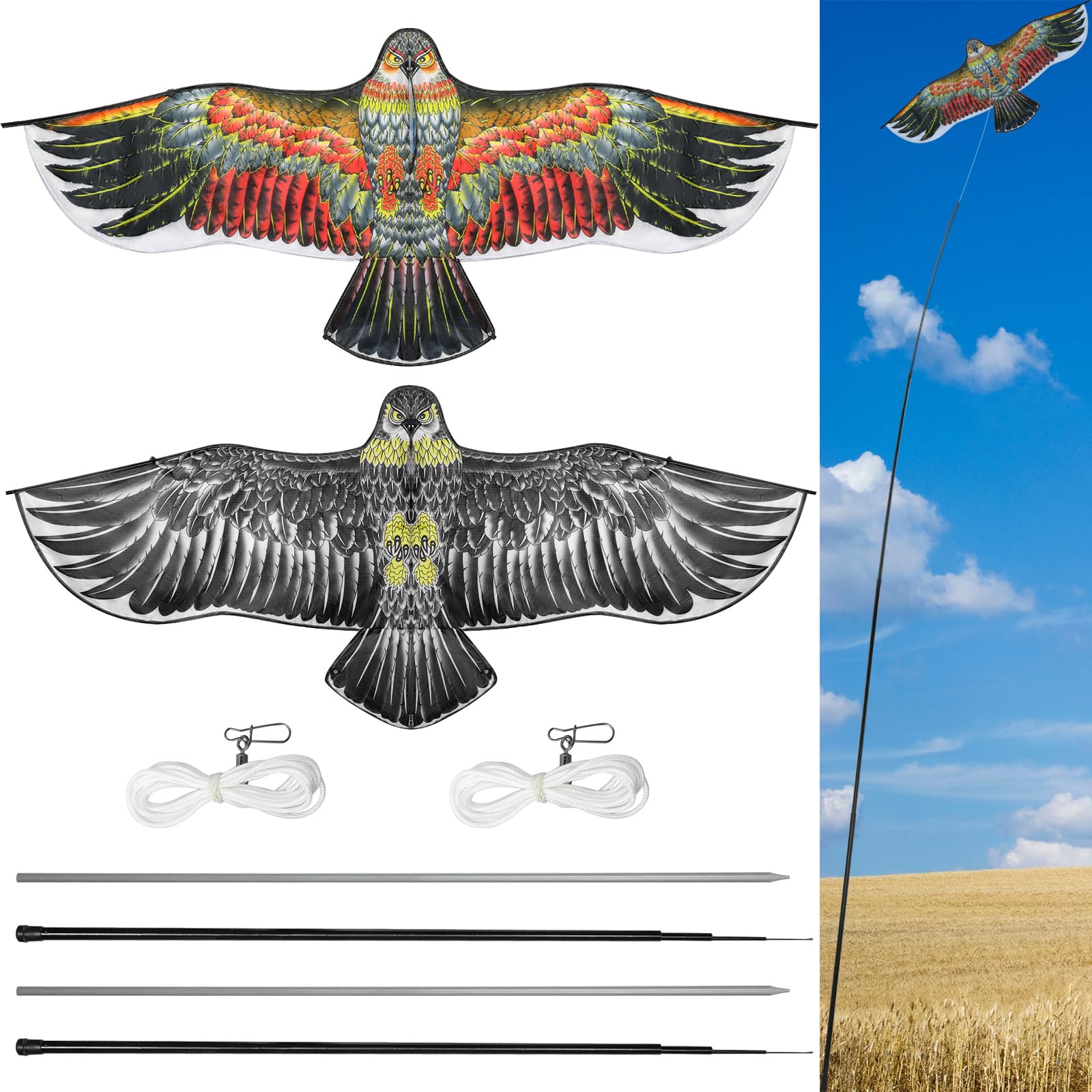 Qualirey Bird Scaring Eagle Flying Kite Bird Scarer Flying Kite Crops Farm Protector Simulated Eagle Scare Device with 12.63 ft Pole for Outdoor Home Yard(Beige Gold, Beige Gray,2 Sets)