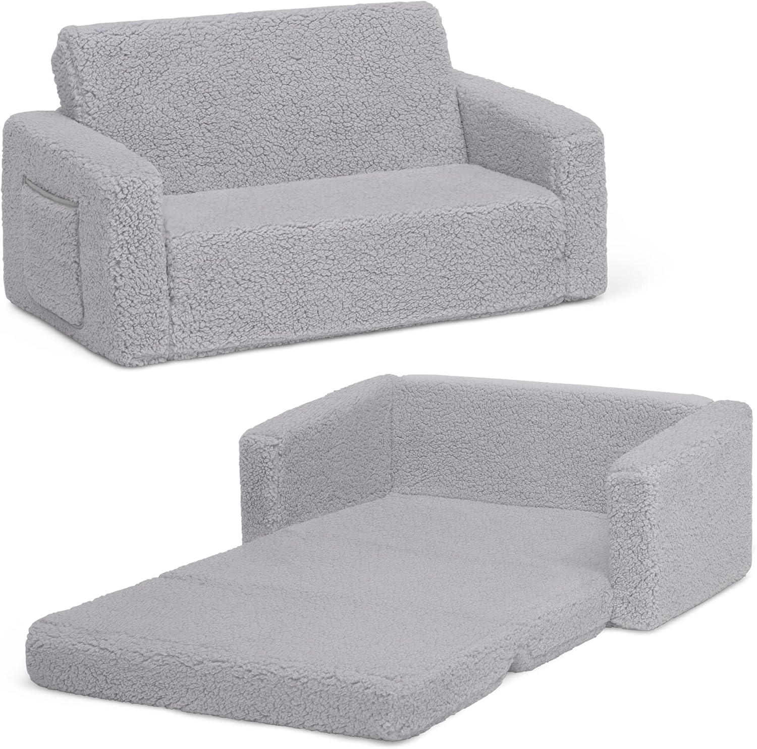 Delta Children Cozee Flip-Out Sherpa 2-in-1 Convertible Sofa to Lounger for Kids, Grey