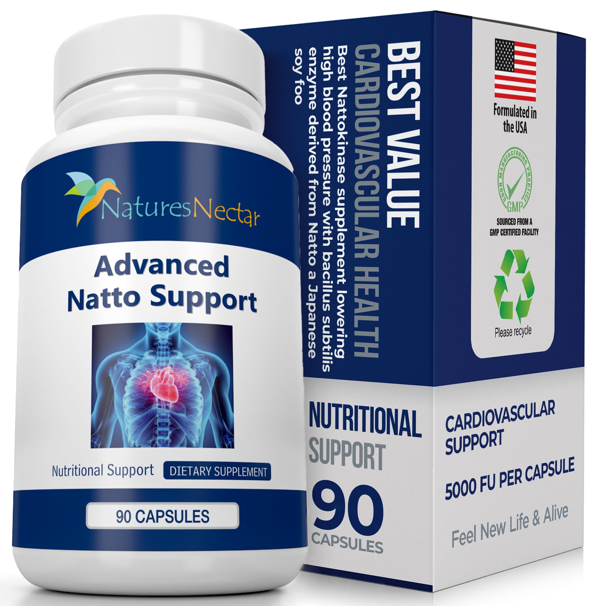 Nature's Nectar Organic Nattokinase supplement 250mg – Double Strength Nattokinase 5000 fu Natural Blood Thinner Supports Cardiovascular & Blood Circulation Health – Non GMO & Gluten Free, 90 Capsules