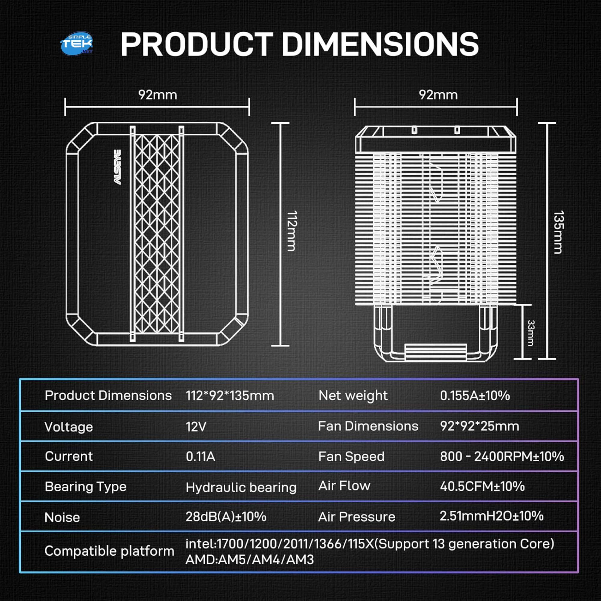 SIMPLETEK - Disipador CPU ARGB 92mm | 12V, 180W TDP | Compatible con 1851 1700 1200 1156 1155 1150 1151 1366 2011 AM3 AM4 AM5 | Negro