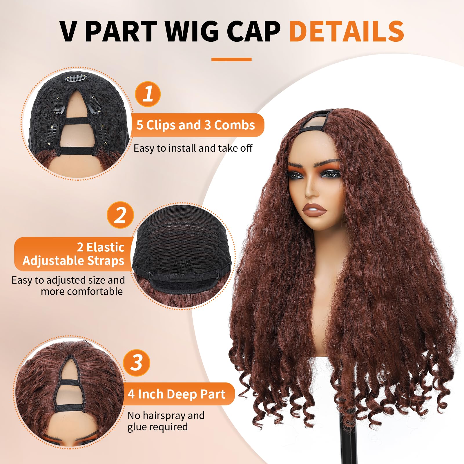 Yacurcur Afro Wig V Part Kinky Curly Wigs for Black Women 180% Density Wear and Go Glueless Wig with Unique Bouncy Curls in the End Synthetic Reddish Brown No Leave out Clip in 24 Inch(#33L) - Image 3