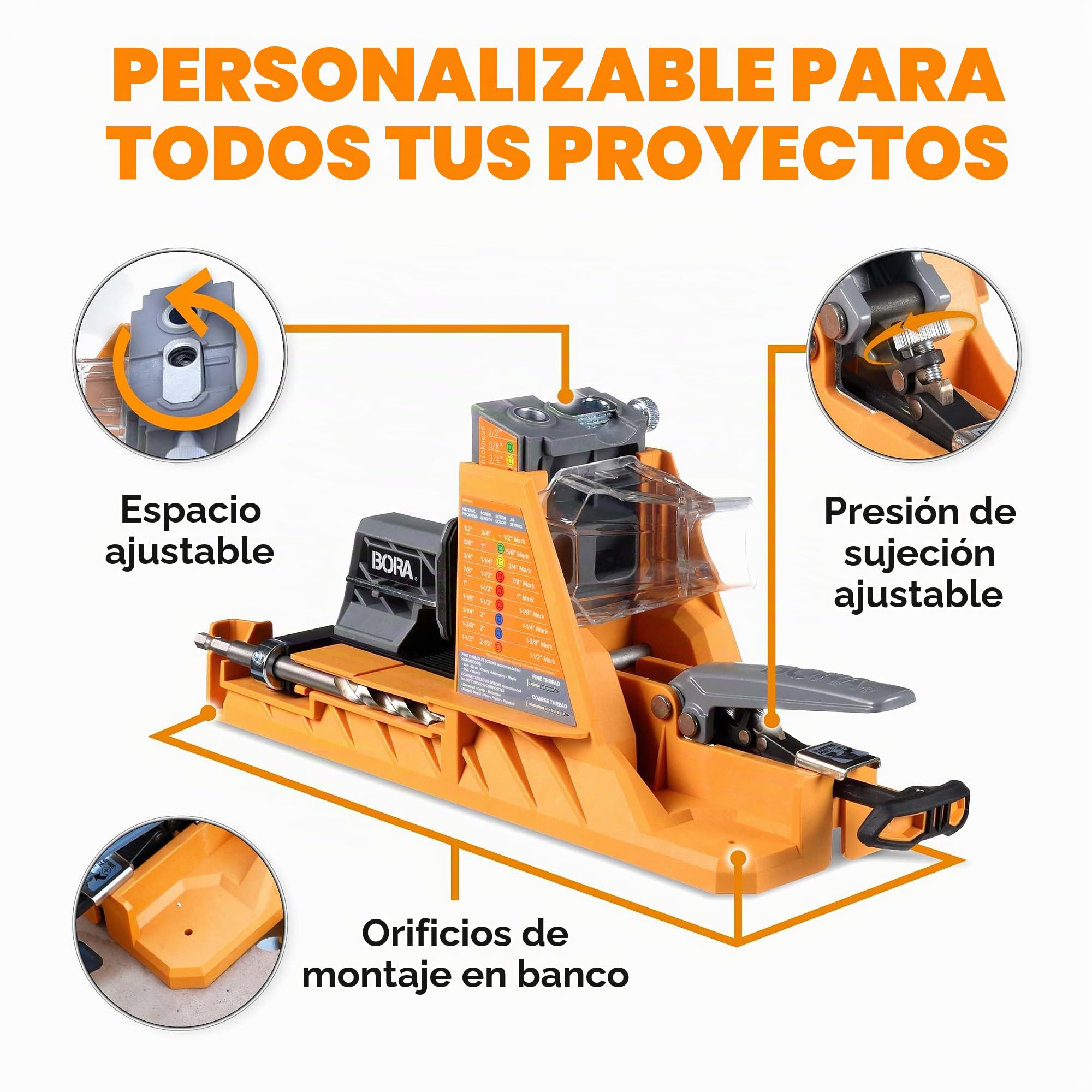 BORA Plantilla automática de agujero de bolsillo con 50 tornillos recubiertos de color, guía de taladro de ajuste automático, kit de plantilla de agujero de bolsillo para carpintería, para materiales