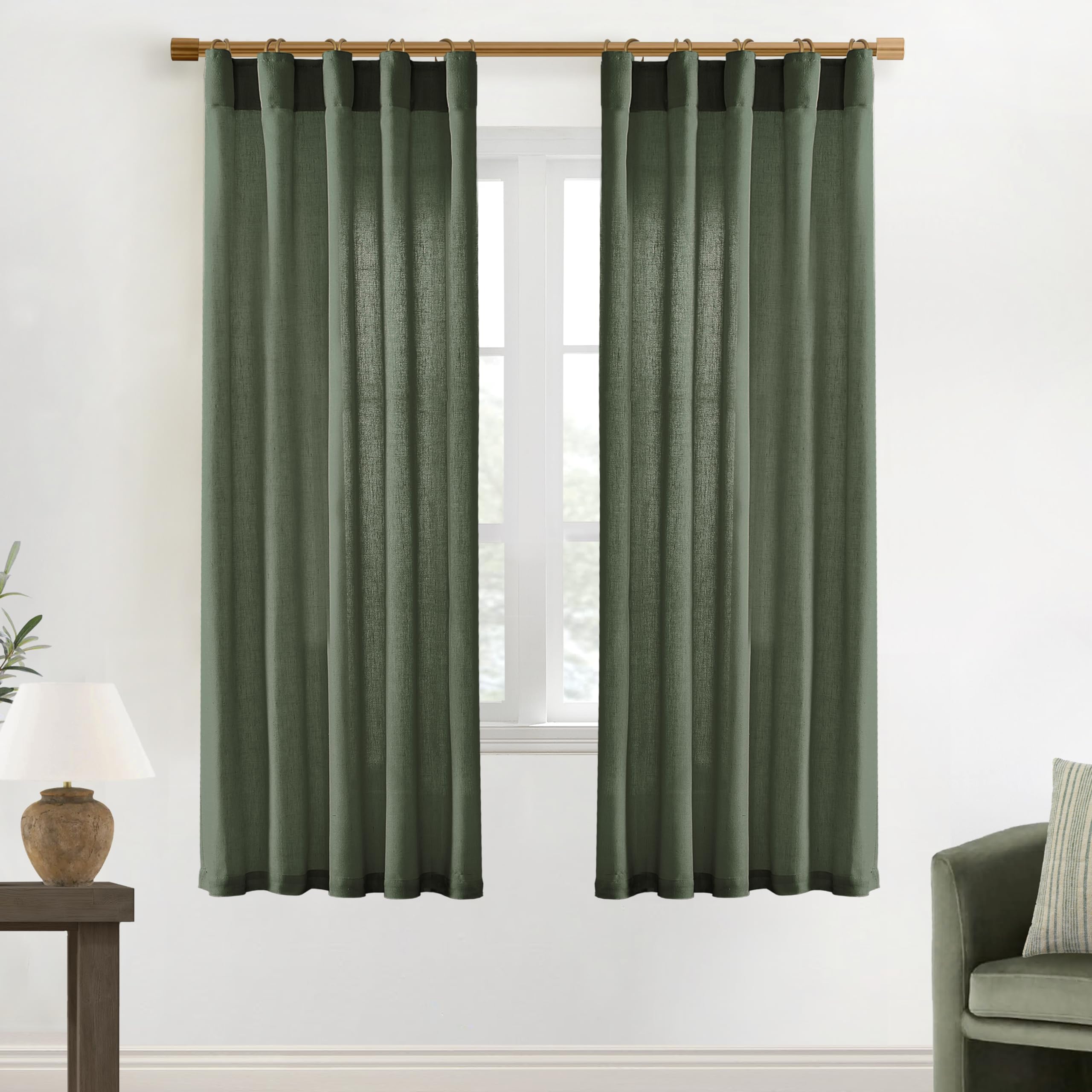 XTMYI 72 Inch Curtains Pleat,Boho Semi Sheer Curtains 72 Inches Long,Window Sheers French Door Curtain Drapes 72 in Length 2 Panel Set for Bathroom Shower Bedroom Living Room,6 FT,Olive Green