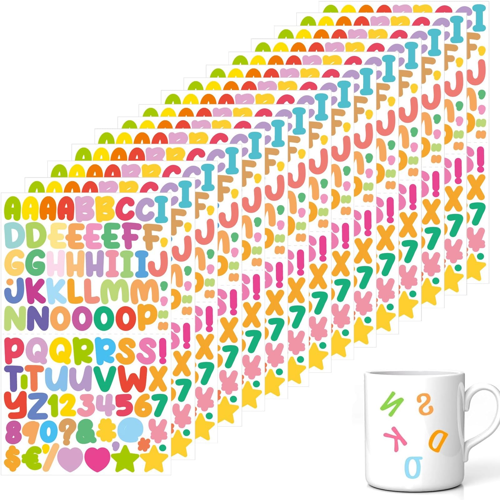 1350 Piezas 15 Hojas Pegatinas Letras, Pegatinas de Alfabeto, Pegatinas de Números de Alfabeto de Colores, Pegatinas para niños Para DIY Pegatinas Impermeables Vasos de Agua Decorados por Computadora