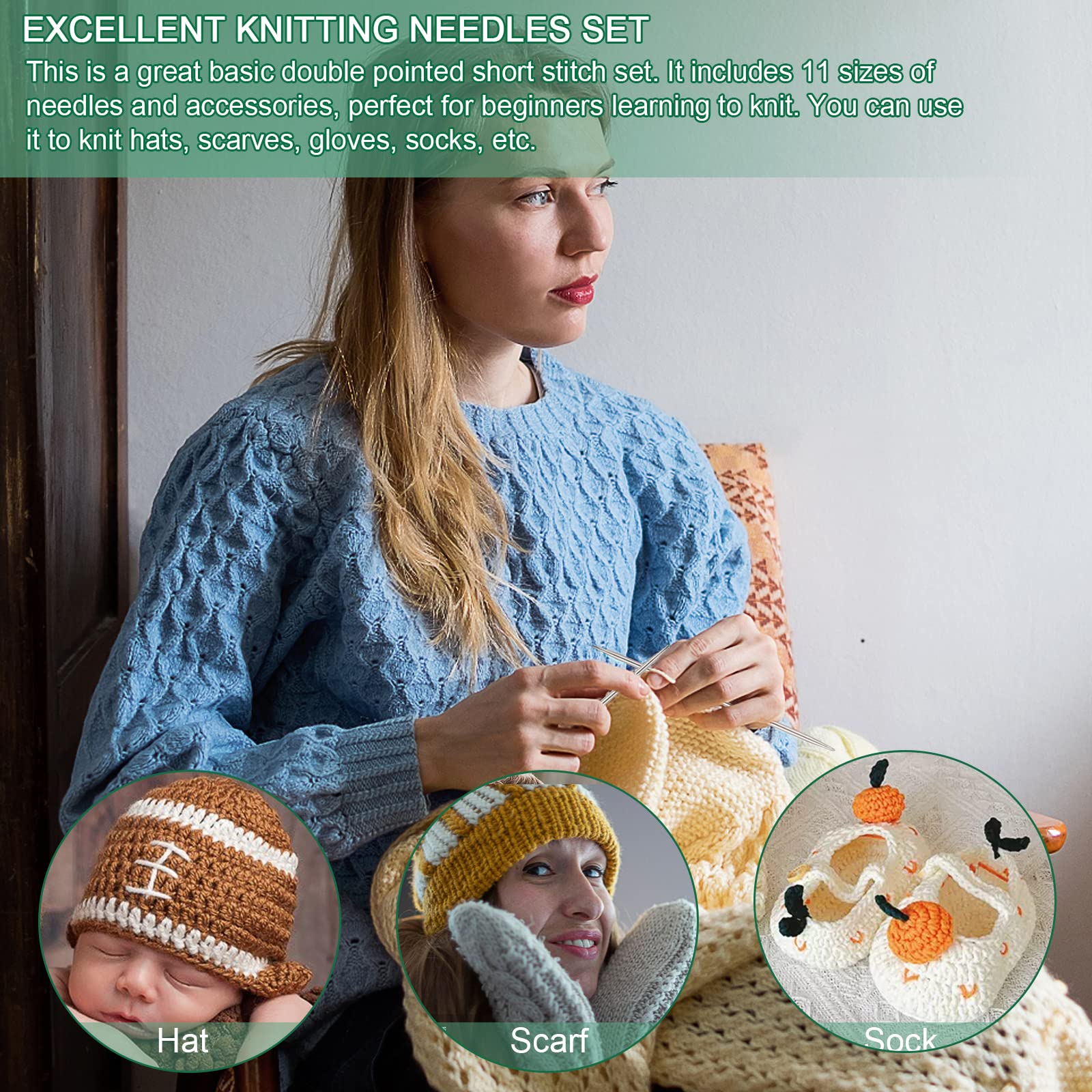 Aililong Set di 35 ferri da maglia a doppia punta 2,0 – 5,0 mm, in metallo, 20 cm, ferri da maglia corti dritti per calze, con accessori per maglieria