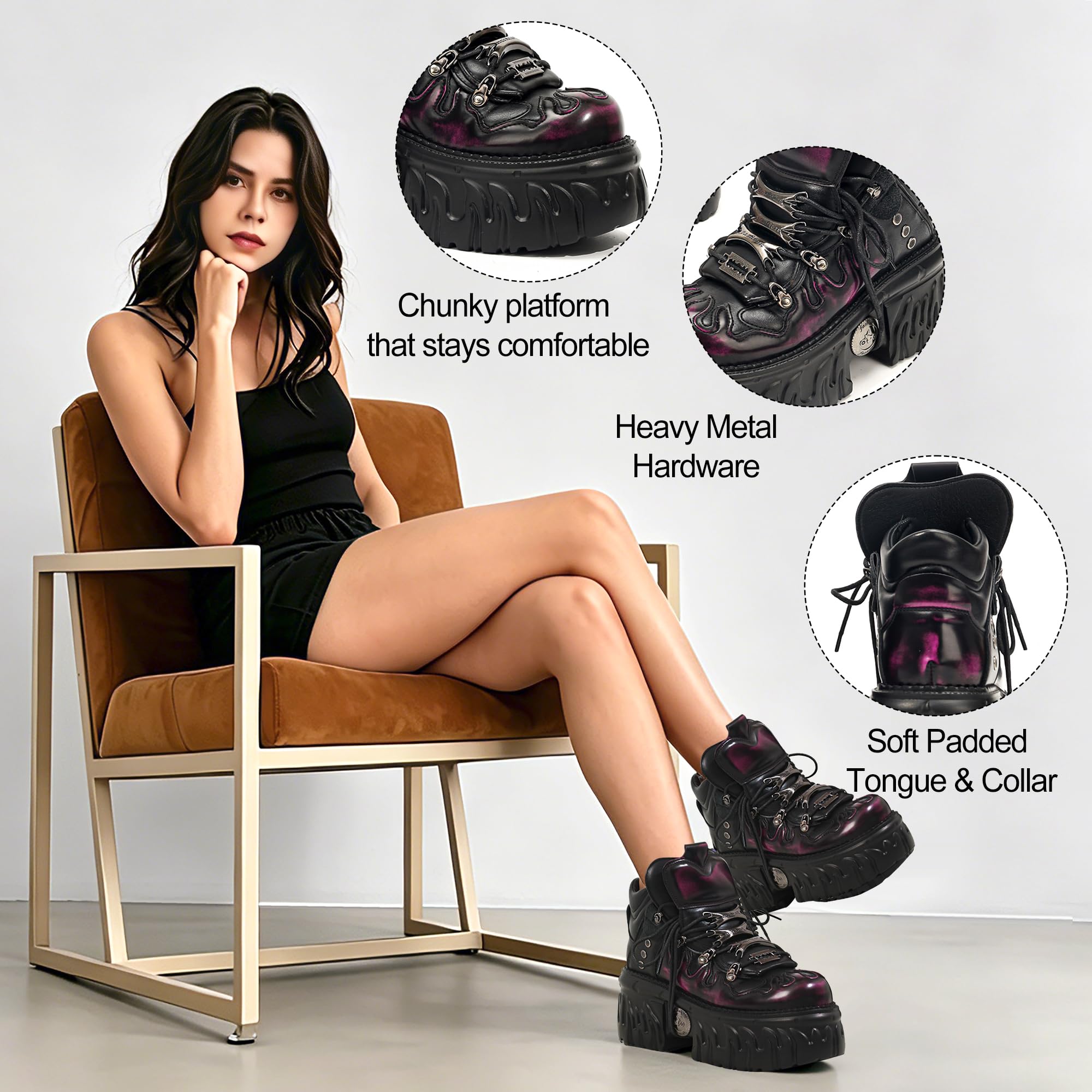 Punk Rock Heavy Metal Plateauschuhe Damen, Gothic Schnürstiefeletten mit Flammen-Design Chunky Plattform Metall Details