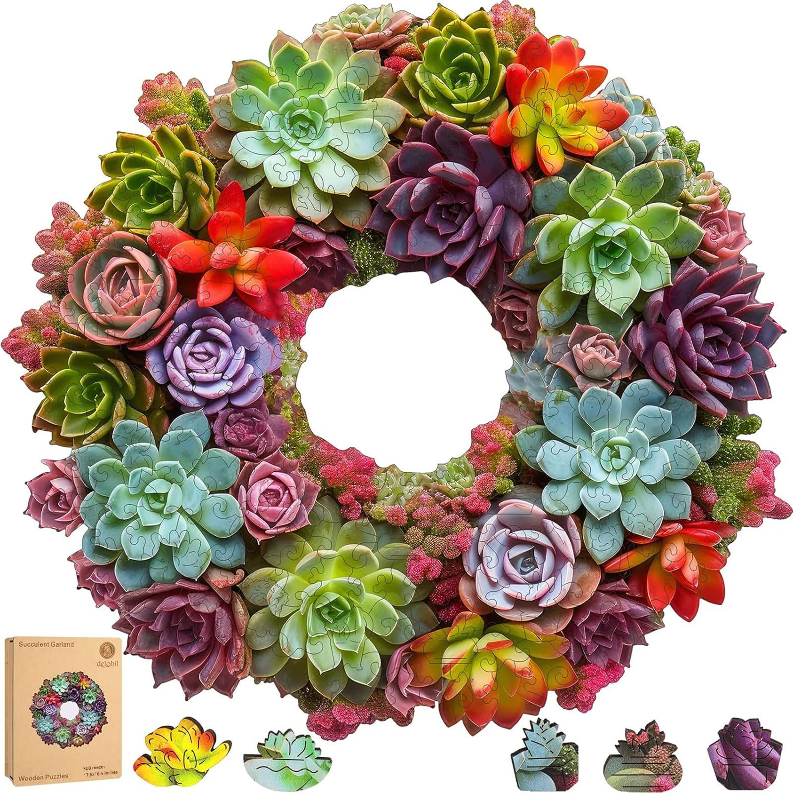 Delobil Succulent Garland Wooden Puzzles for Adults, 500 Pieces Mandala Jigsaw Puzzles, Unique Shaped Royal Size Wood Puzzle Gift for Kids, Family