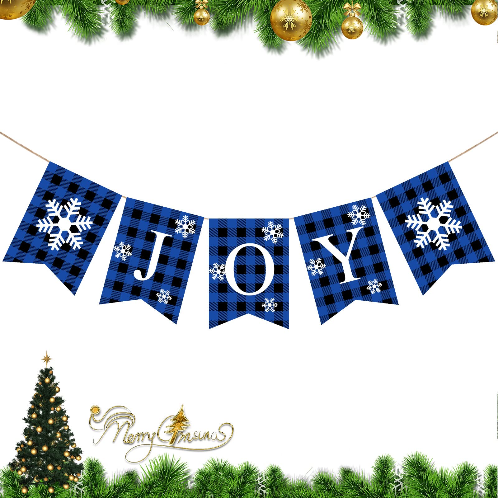 Bannière de Noël de qualité premium en toile de jute avec motifs de carreaux bleus durables