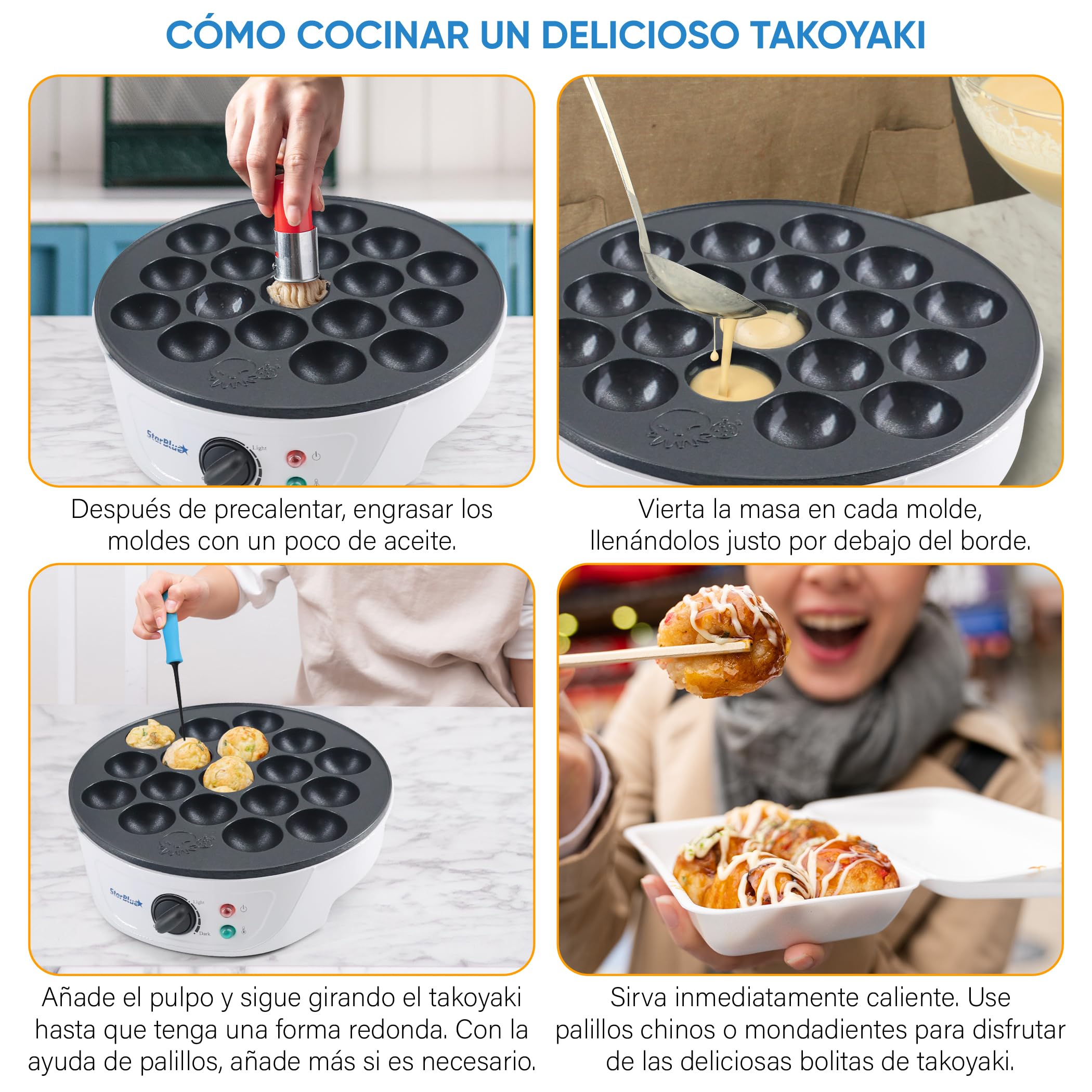 StarBlue Takoyaki Maker Machine Machine with Free Takoyaki Picks - Control de temperatura de 18 agujeros, 220 V, 60 Hz, 700 W, Enchufe del Reino Unido Y Adaptador Europeo