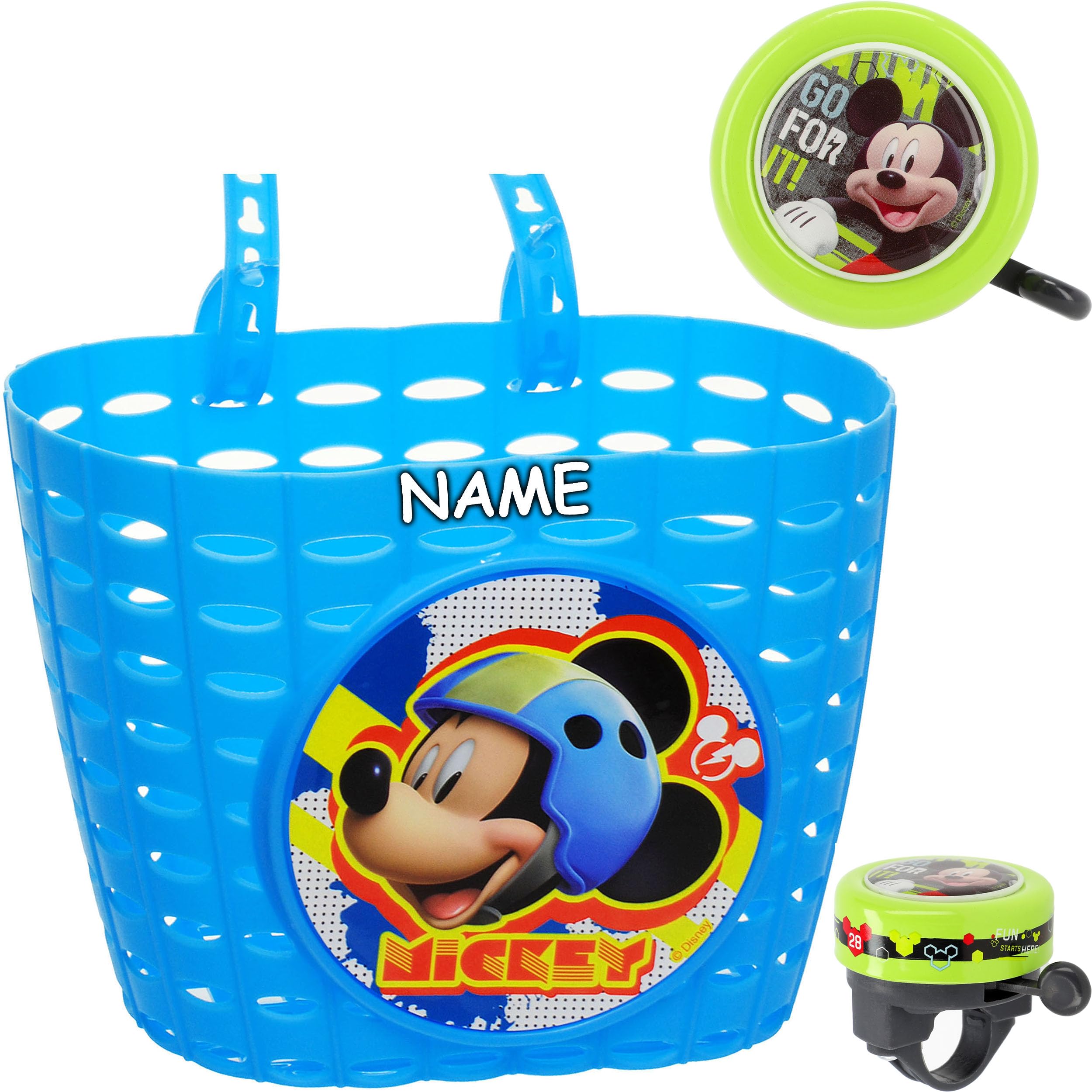 alles-meine.de GmbH Set: Fahrradkorb + Fahrradklingel - Mickey Maus - incl. Name - Fahrrad Maus Micky - blau