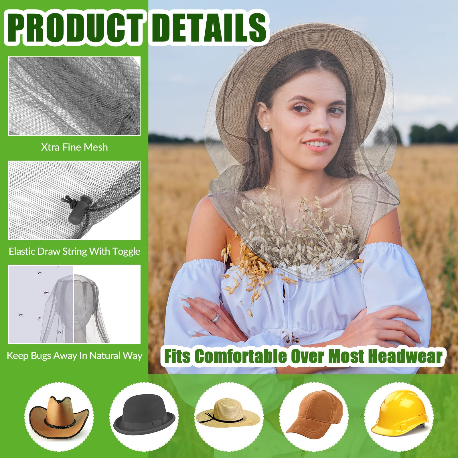 Tudomro Pcs Mosquito Head Face Fly Netting Hood Mosquito Net Hat 18 x 18  Inch Bug Net for Head with Carry Bags(Gray)